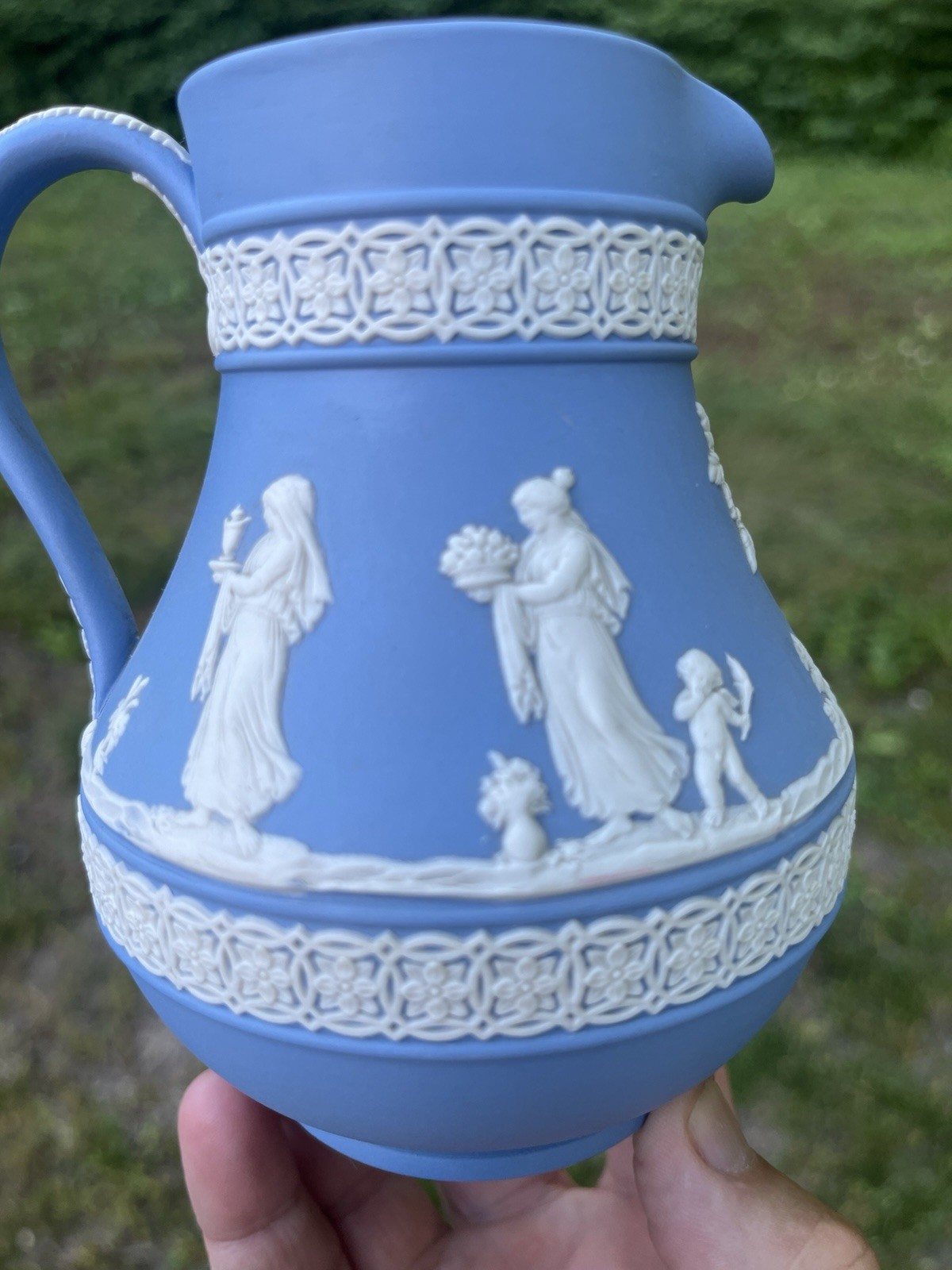 1950s WEDGWOOD BLUE JASPERWARE PITCHER JUG England Neoclassical Roman Greek