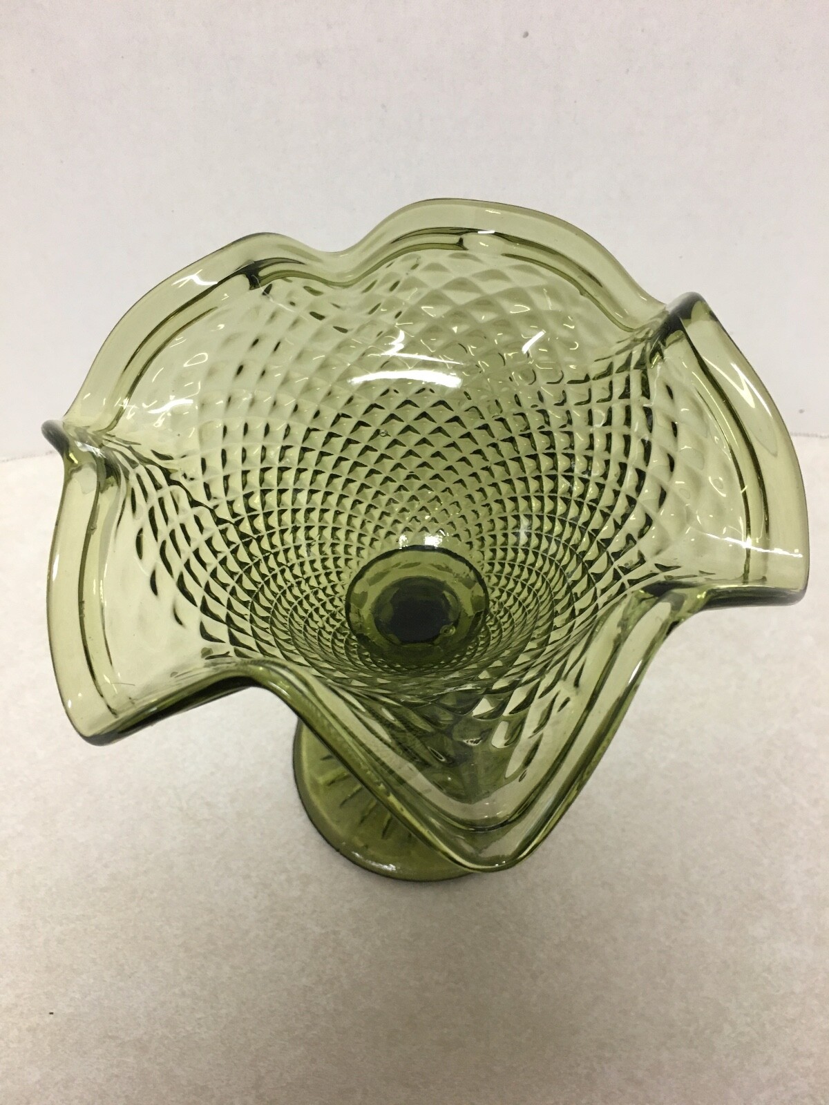 Vintage Olive Green Diamond Point Ruffled Edge Pedestal Bowl Candy Dish Indiana