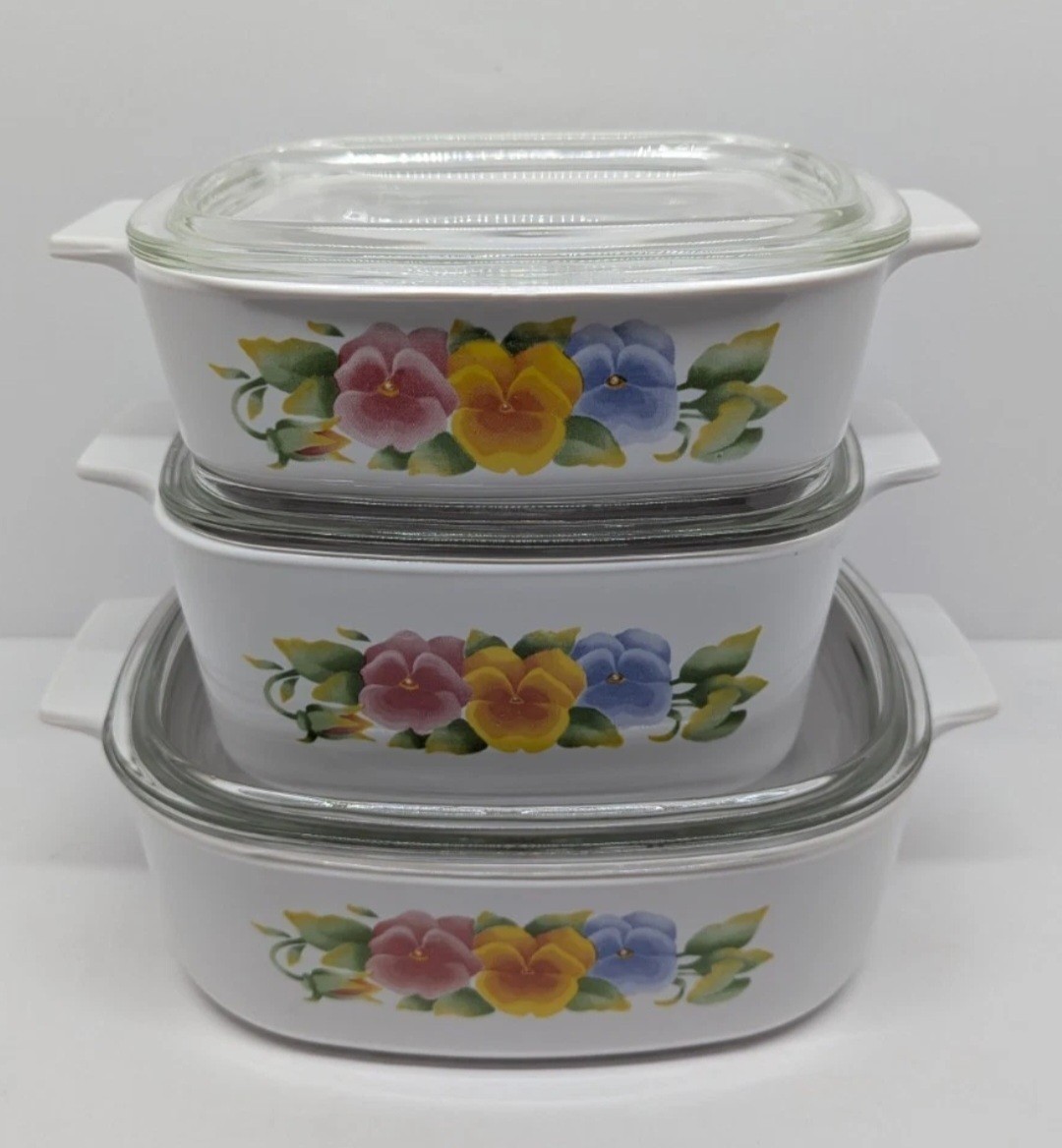 6 pc Set of Corning Summer Blush Casserole Dishes 2L 1.5L 1L w/ Pyrex Lids EXC