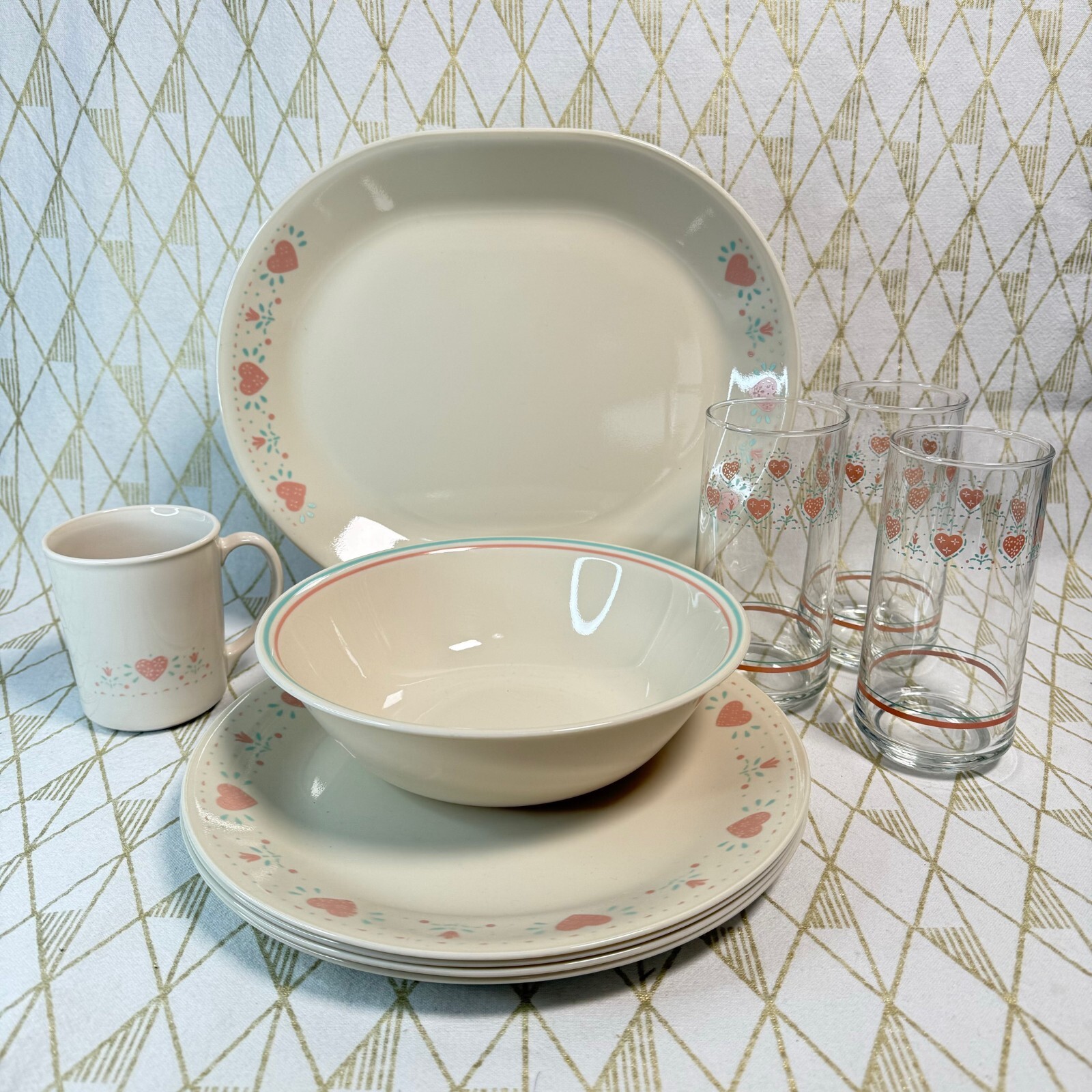 Vintage Corelle Forever Yours Dinnerware ( Pink Hearts / Beige ) – by the piece