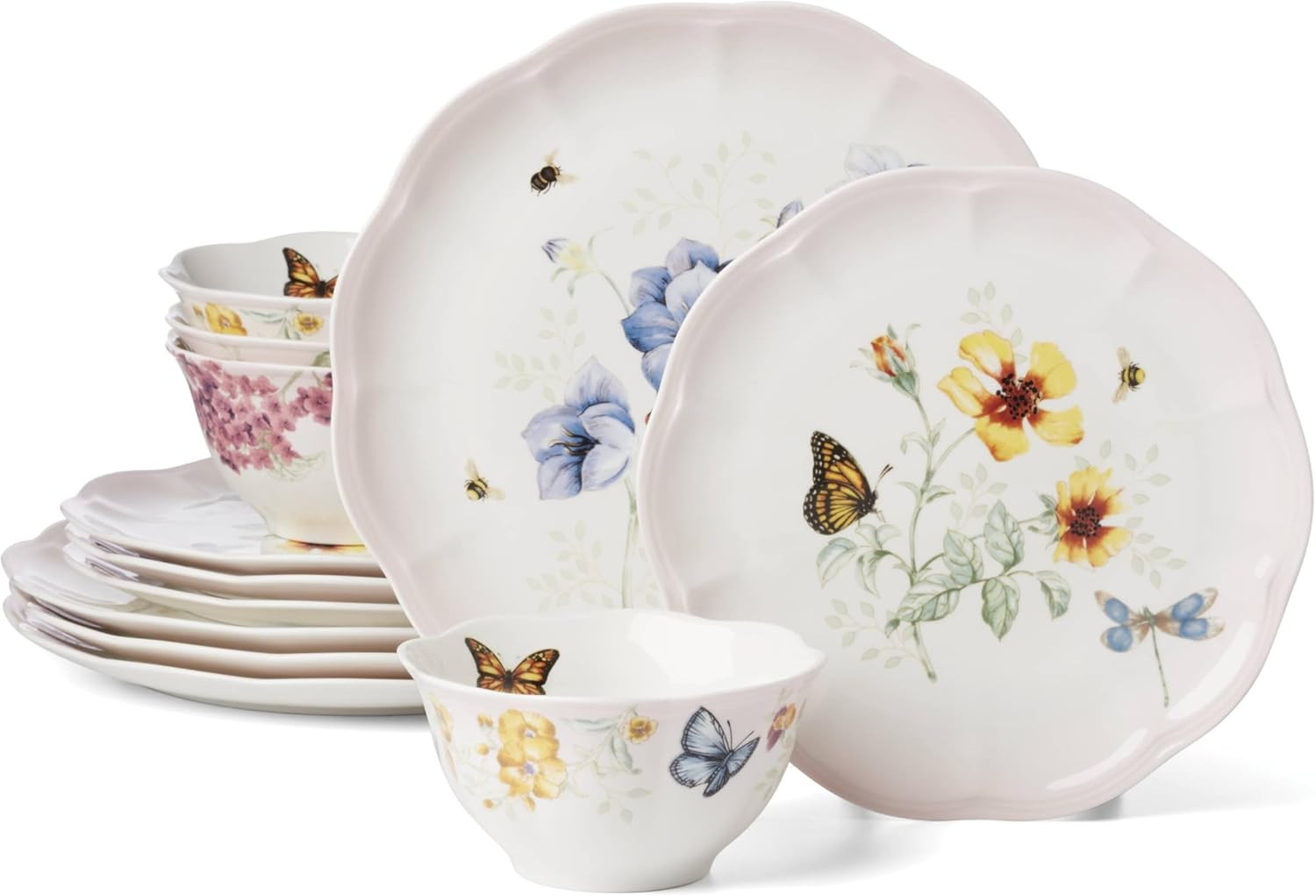 Butterfly Meadow Pink 12-Piece Dinnerware Set, Service for 4, Porcelain