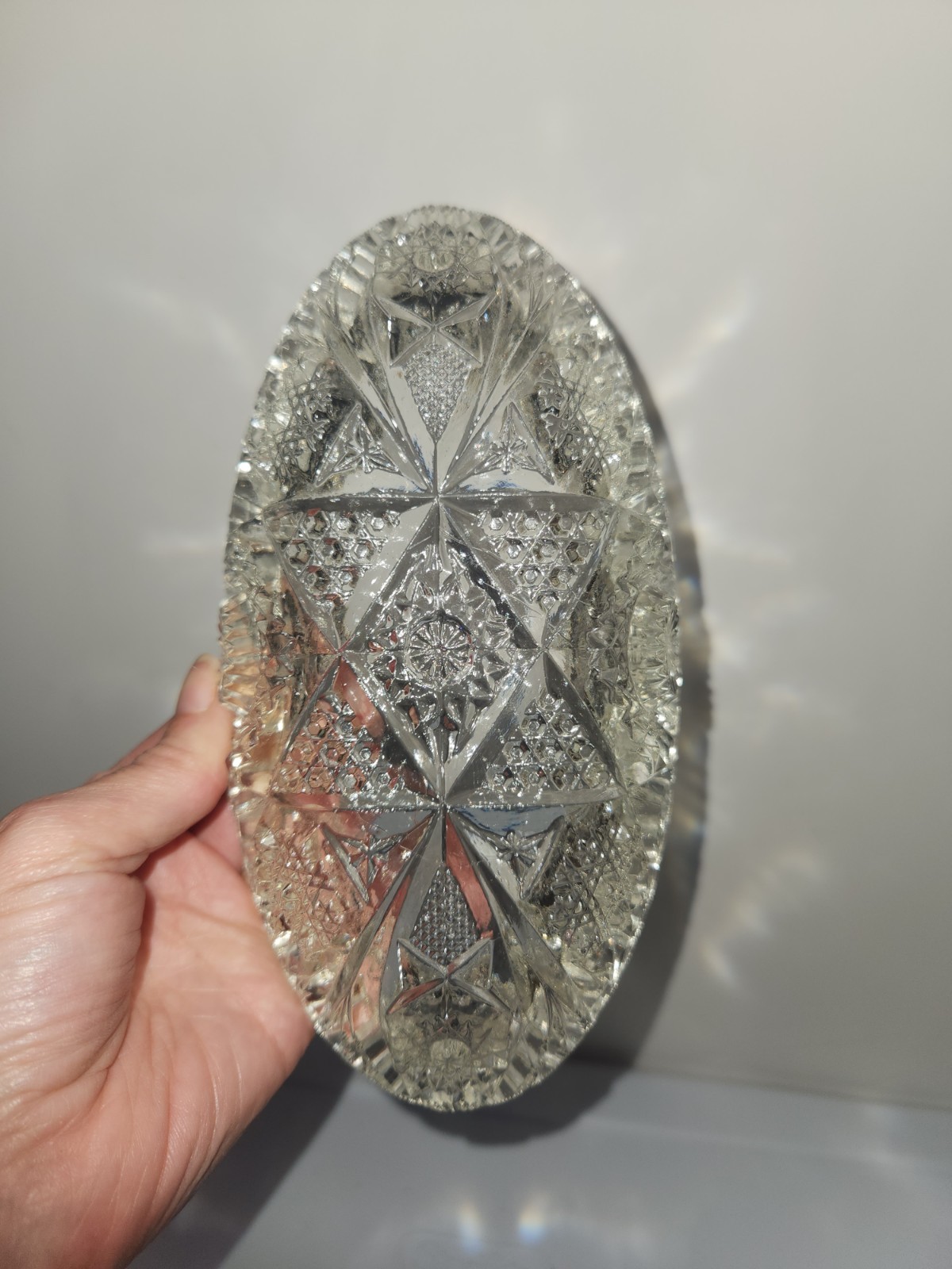 Antique American Brilliant Cut Glass Crystal Boat Dish 8″