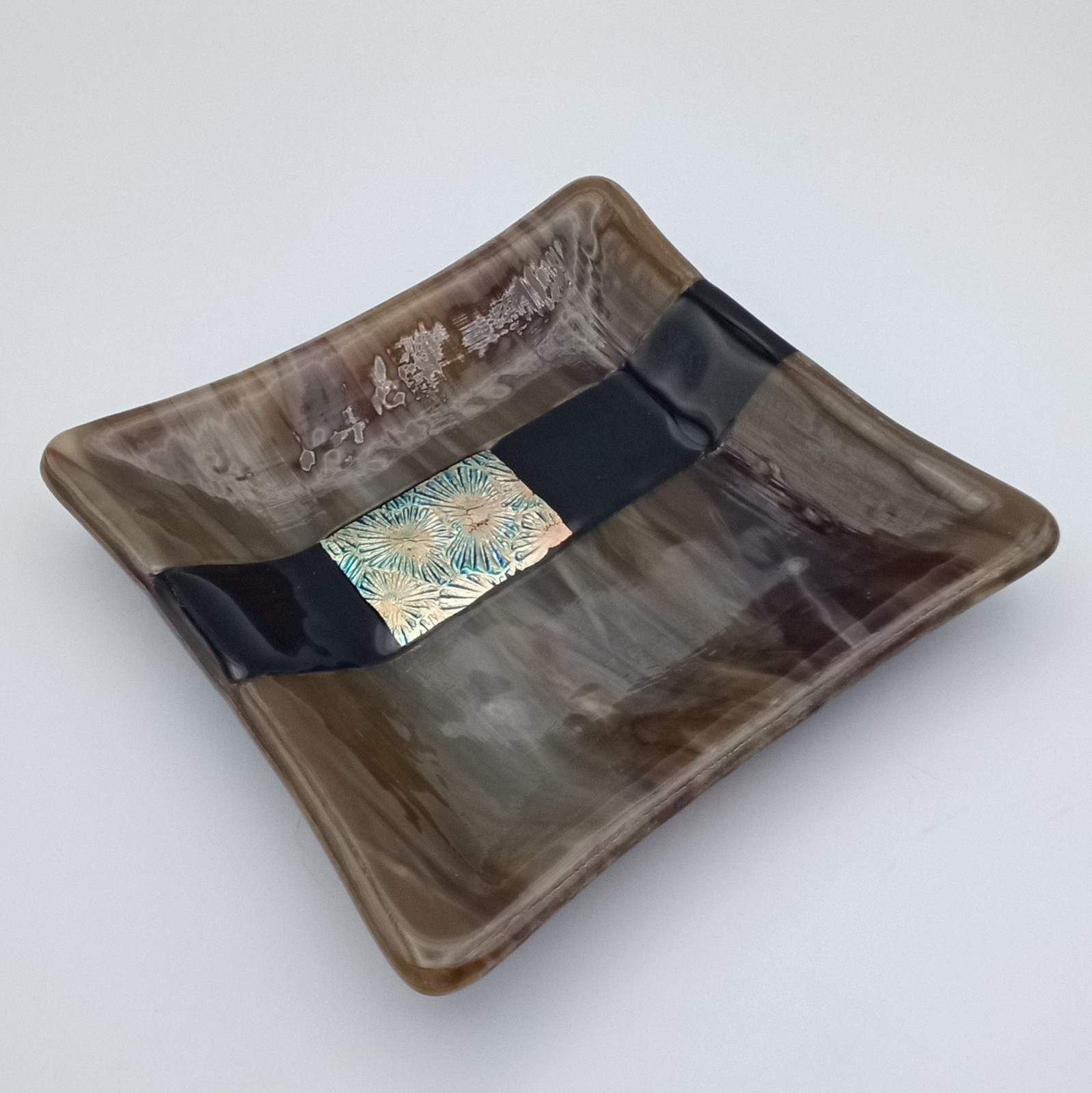 Dichroic Fused Glass Square Trinket Dish Brown Black Copper Abstract Signed