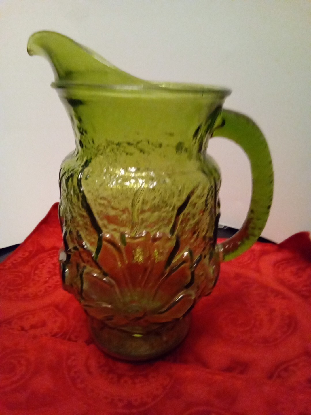 1970s Anchor Hocking Raised Rainforest PITCHER in Avocado Green GUC