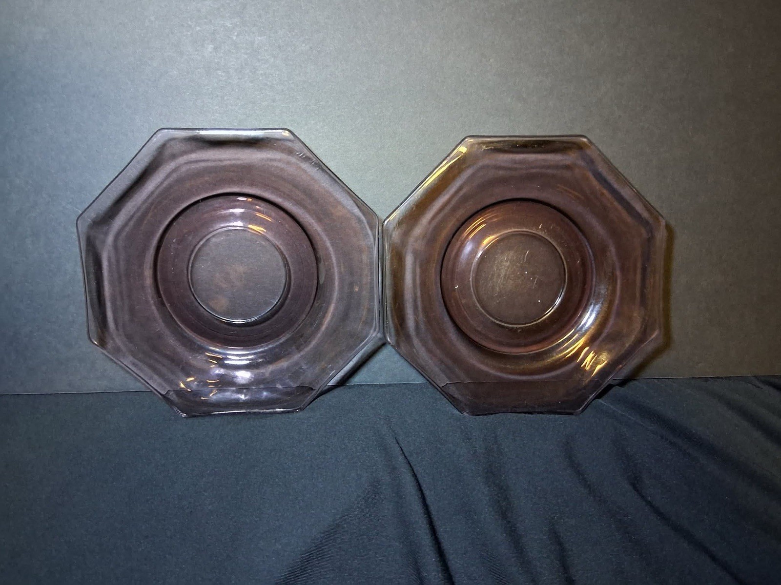Hazel Atlas Moroccan Amethyst Octagon Plates Set 2 UV Reactive
