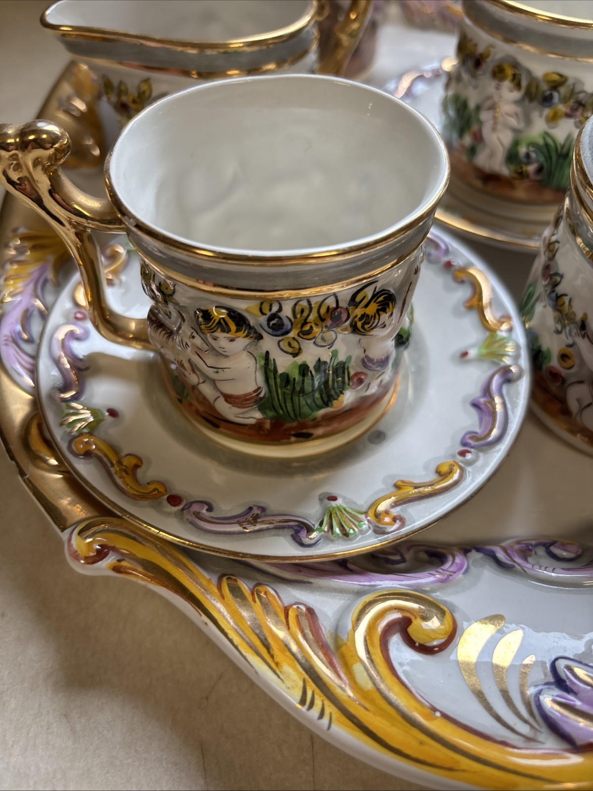 Vintage Elpa Alcobaca Cherubs Porcelain 2 Person Coffee/Tea Set & Tray Portugal