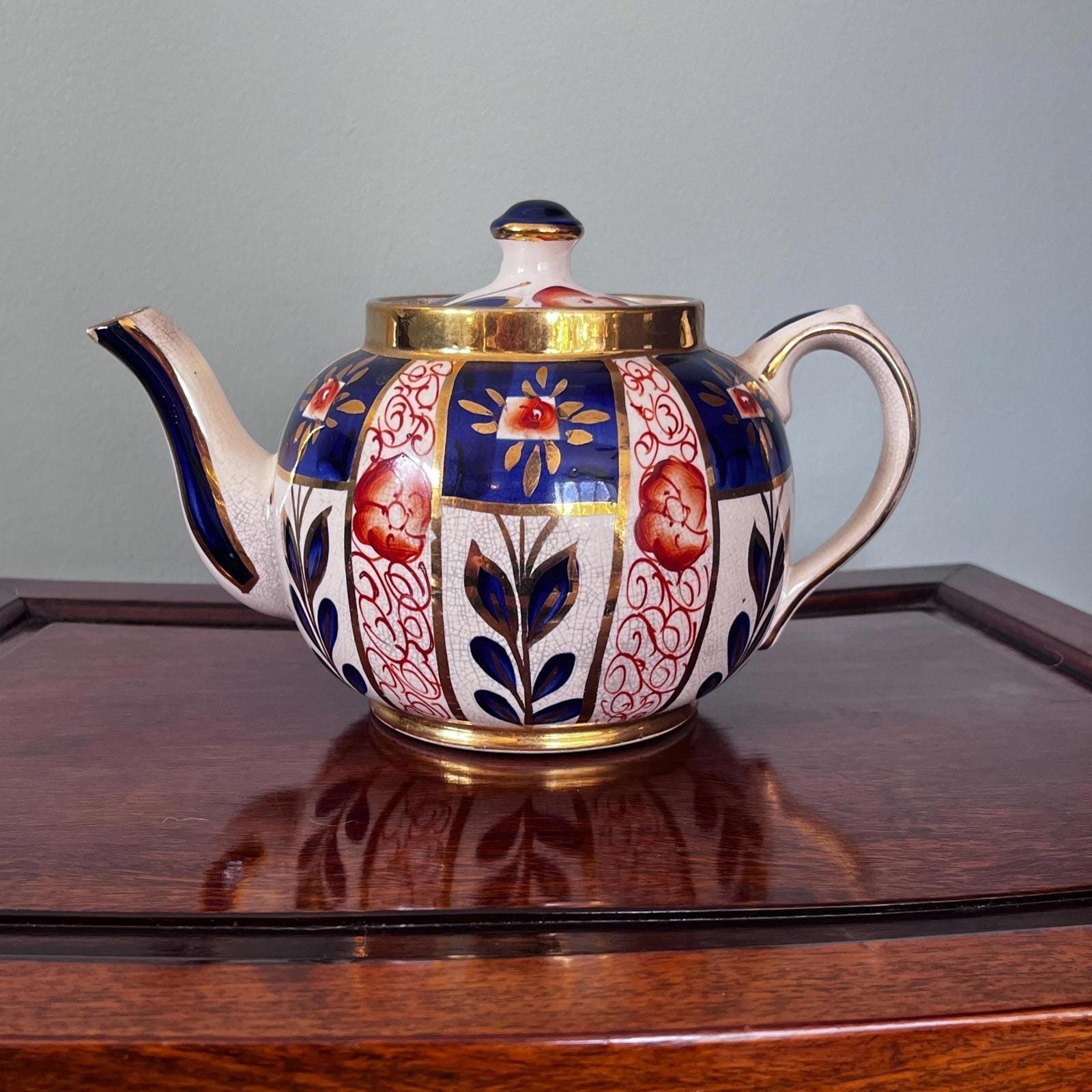Sudlows Burlesom Gaudy Welsh Tea Pot Cobalt Blue, rust and gold pattern