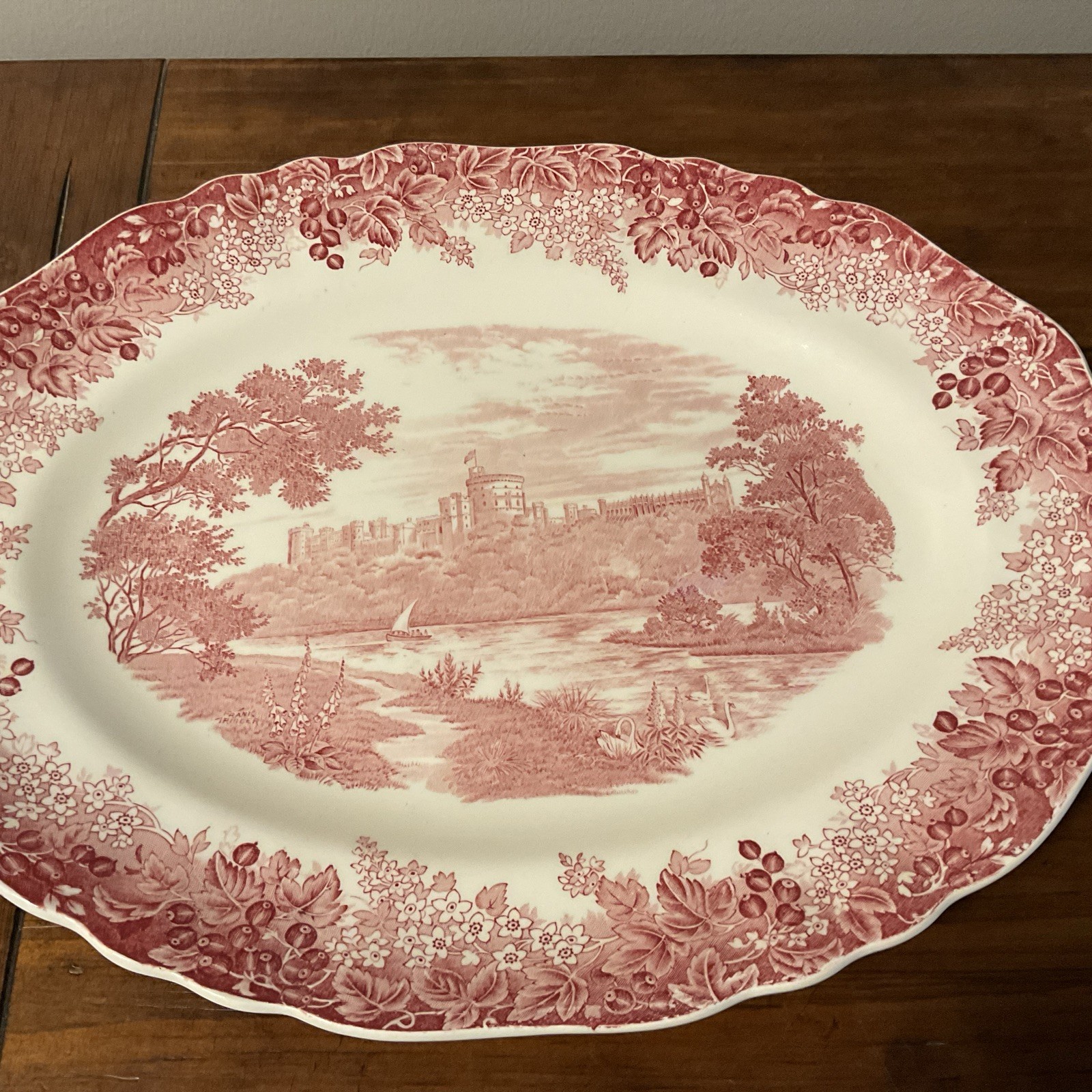 Red Transferware Platter Windsor Castle 14×11