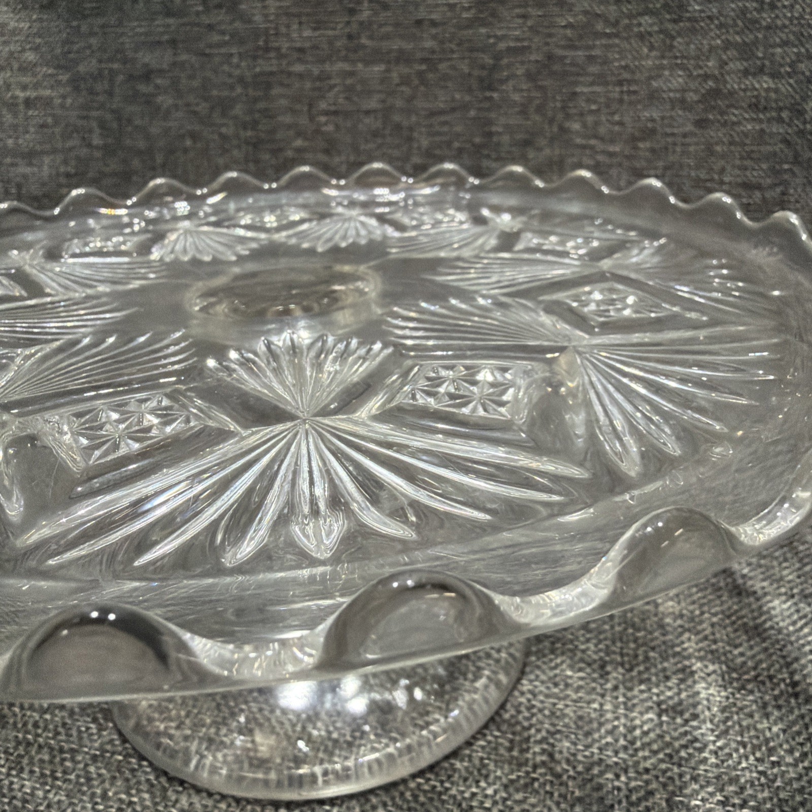 EAPG Bryce Higbee Melrose Cake Stand Sheaf and Diamond Clear Glass 1894 UV Glow