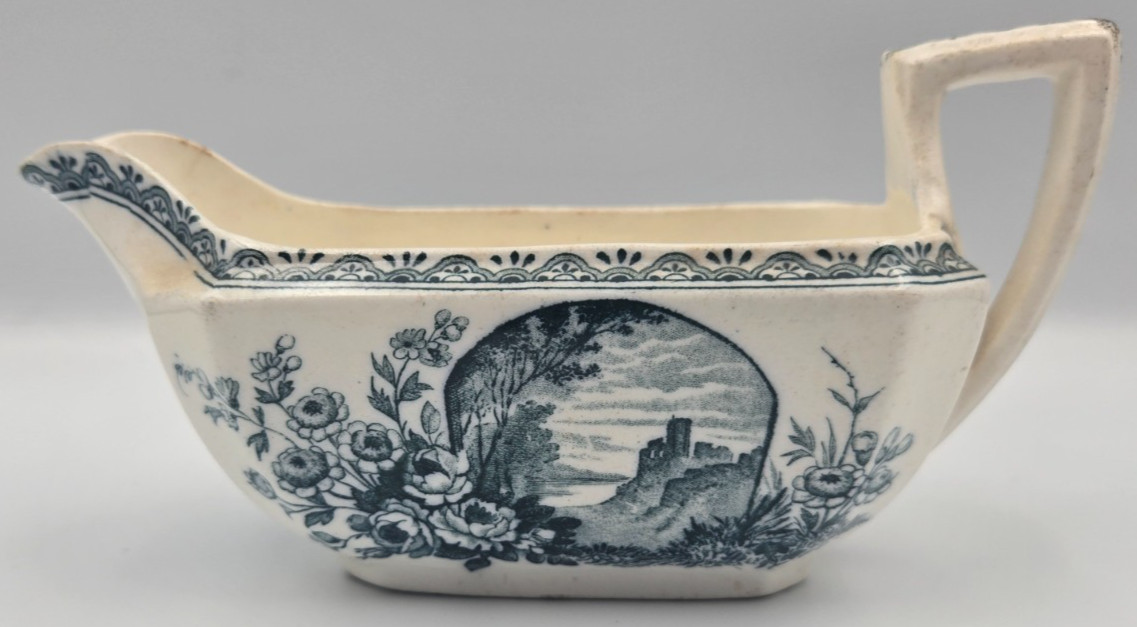 Antique Wedgwood Edinburg Teal Transferware Gravy Boat Victorian Castle England