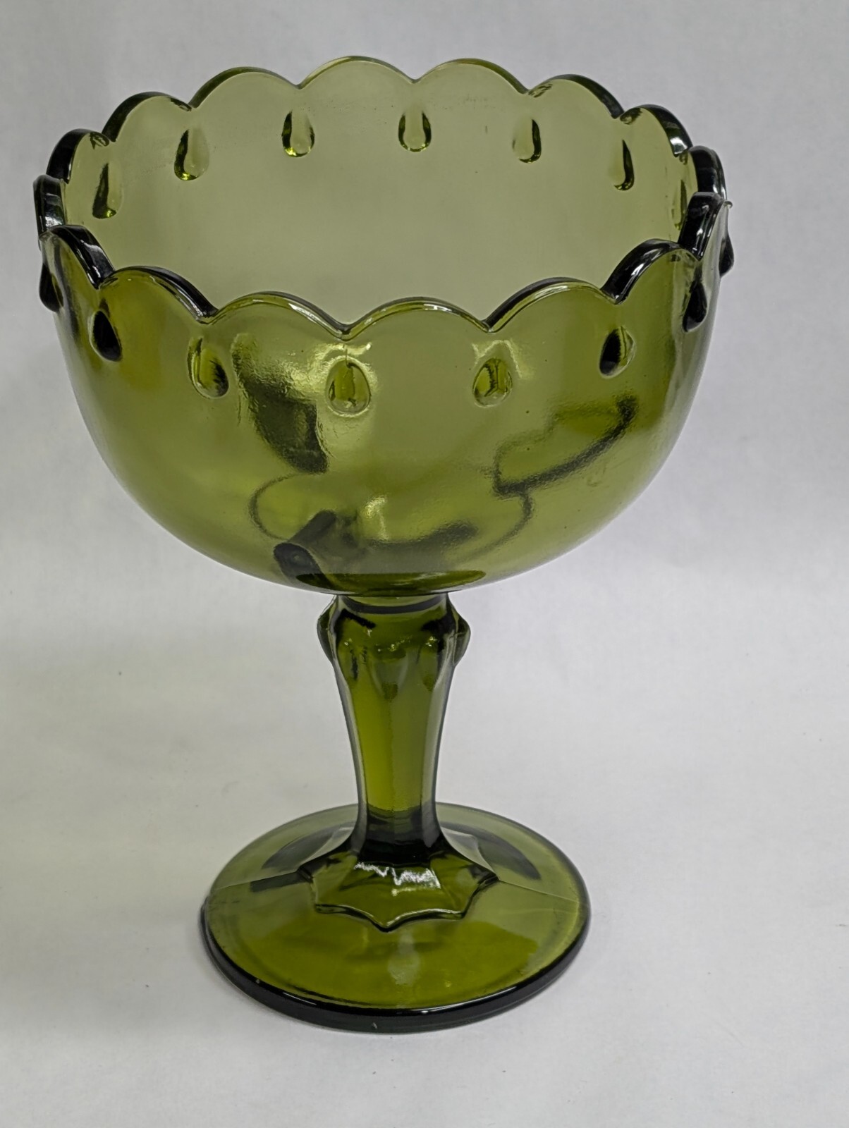 Vintage Indiana Glass Scalloped Olive Green Tear Drop Pedestal Compote Dish 7.5″
