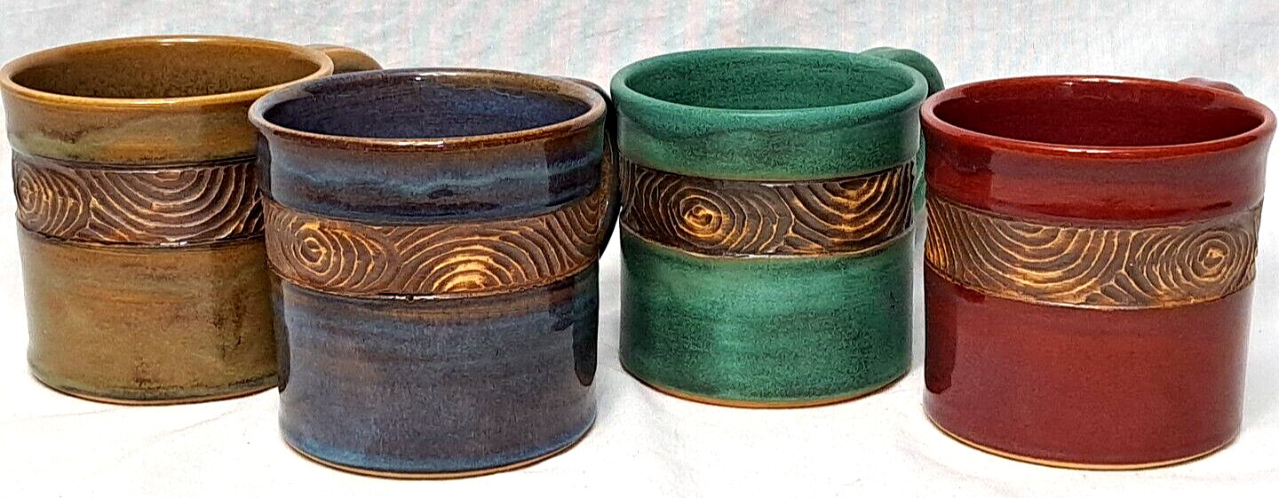 4 Studio Pottery Coffee Mugs Drip Glaze Native Island Look 18 Oz Carved Stamped
