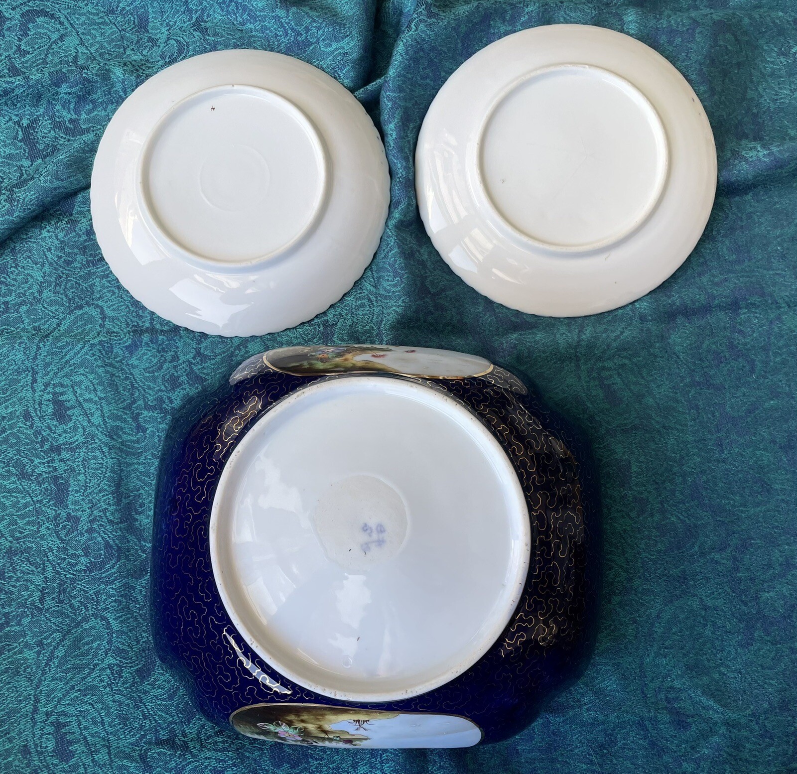 Cobalt and Gold square bowl and small plates, botanical, floral, perhaps German