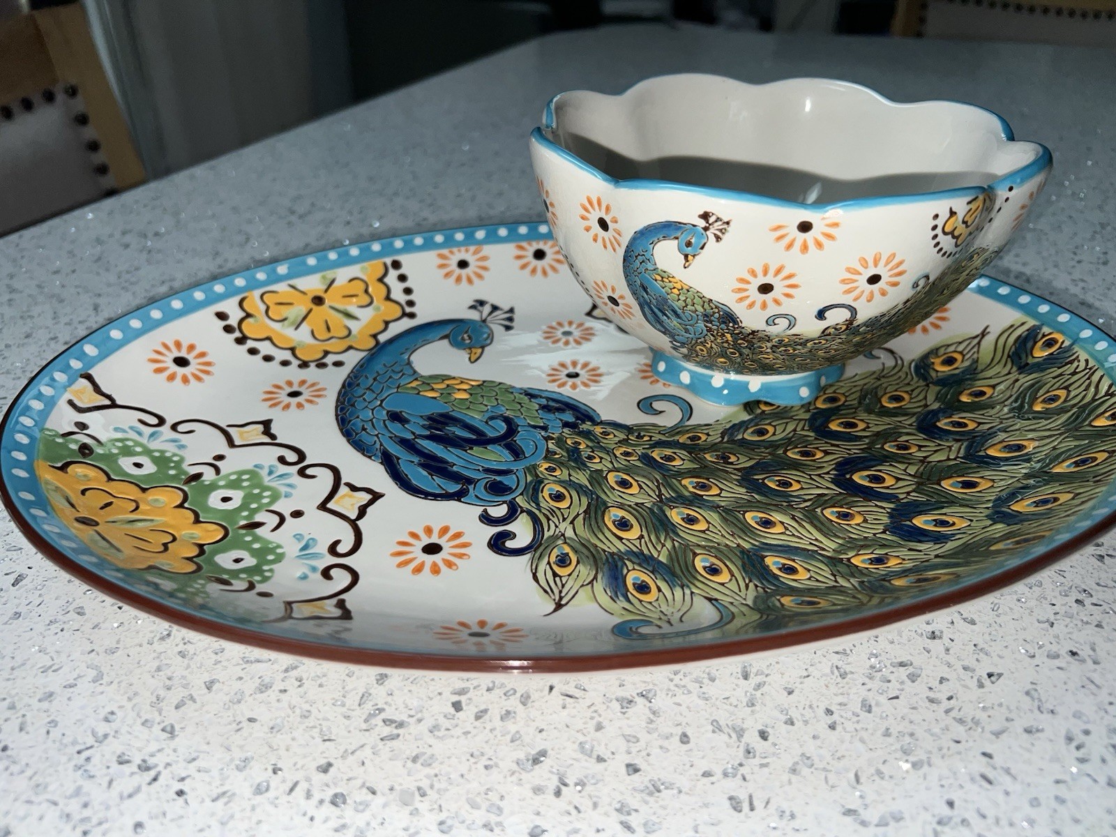 Artistic Accents Peacock Ceramic Oval Platter w/ Scalloped Bowl