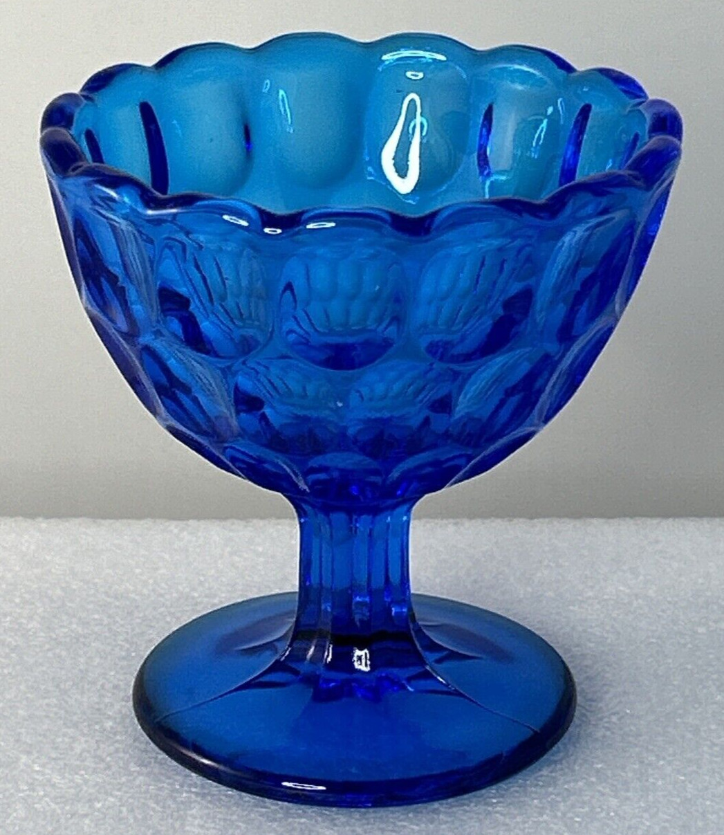 Colonial Blue Thumbprint Pattern Scalloped Edge Pedestal Dish, 4.5″ x 4.25″ VTG