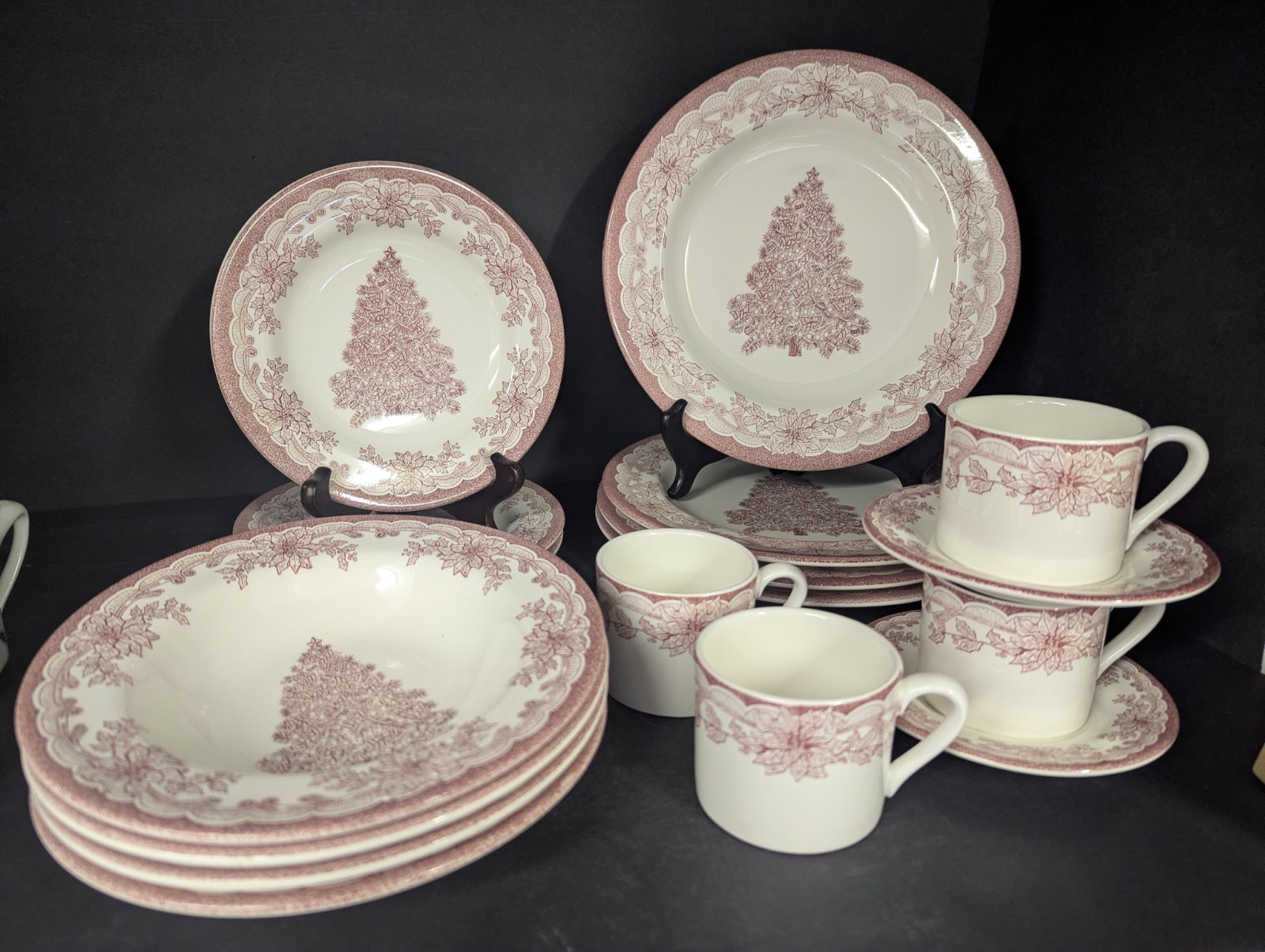 17pc Staffordshire Yuletide Red Christmas Tree – Dinner & Sald Plates Bowls Cups