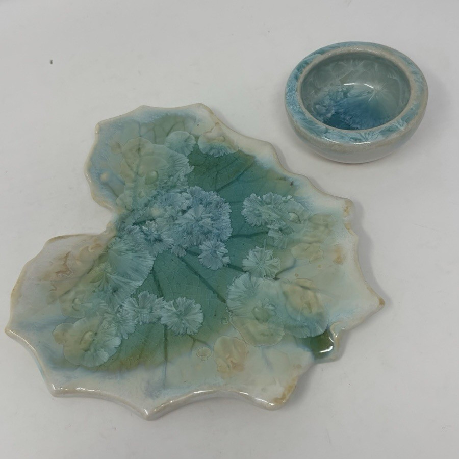Handmade Crystalline Glaze Art Pottery Leaf Trinket & Mini Bowl Signed Malia