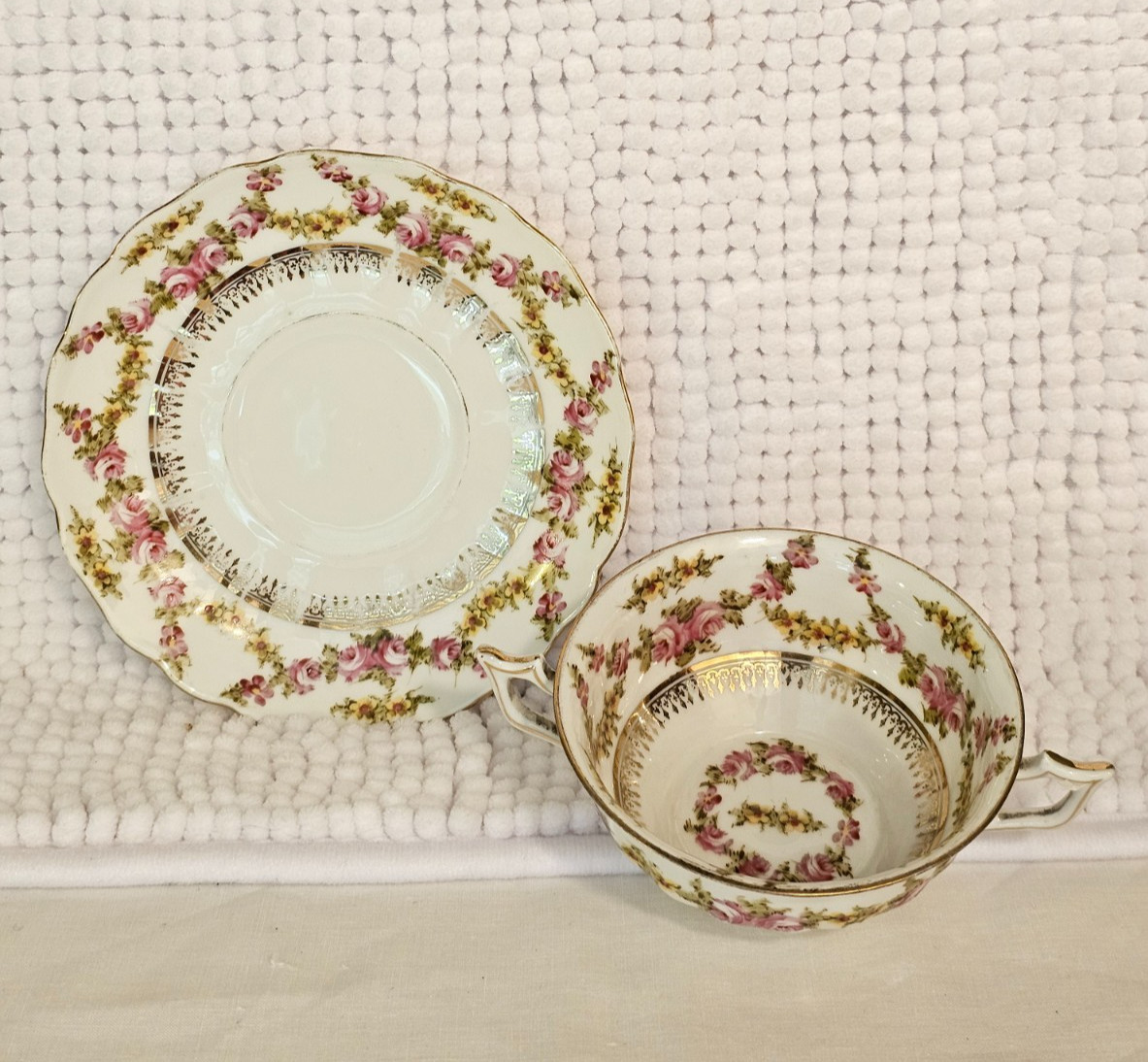Bouillon cups w/ saucers, set of three, vintage china, Haviland, Vignaud, Saxe