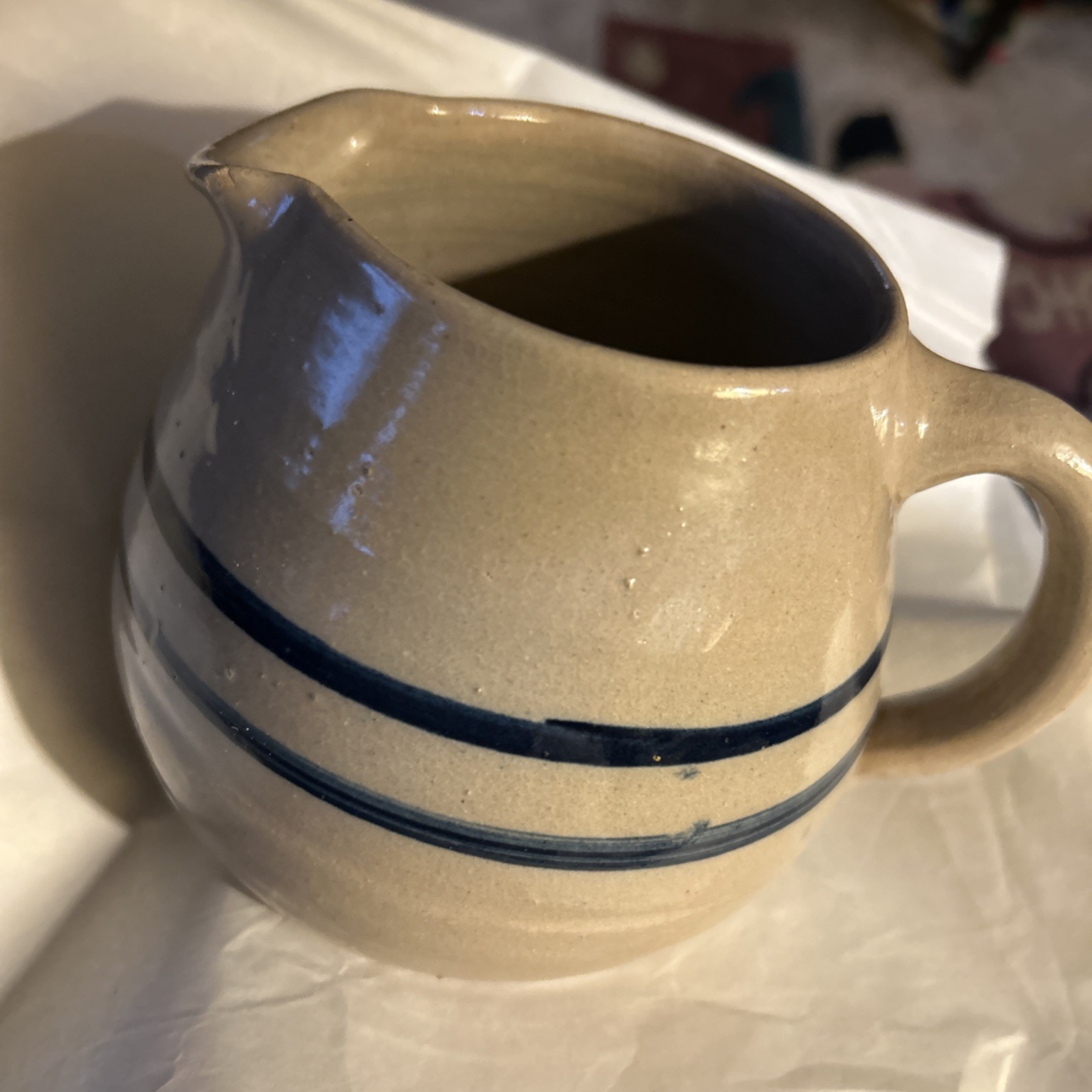 Vintage Stoneware Crock Pitcher Primitive Country Farmhouse Kitchen Blue Striped