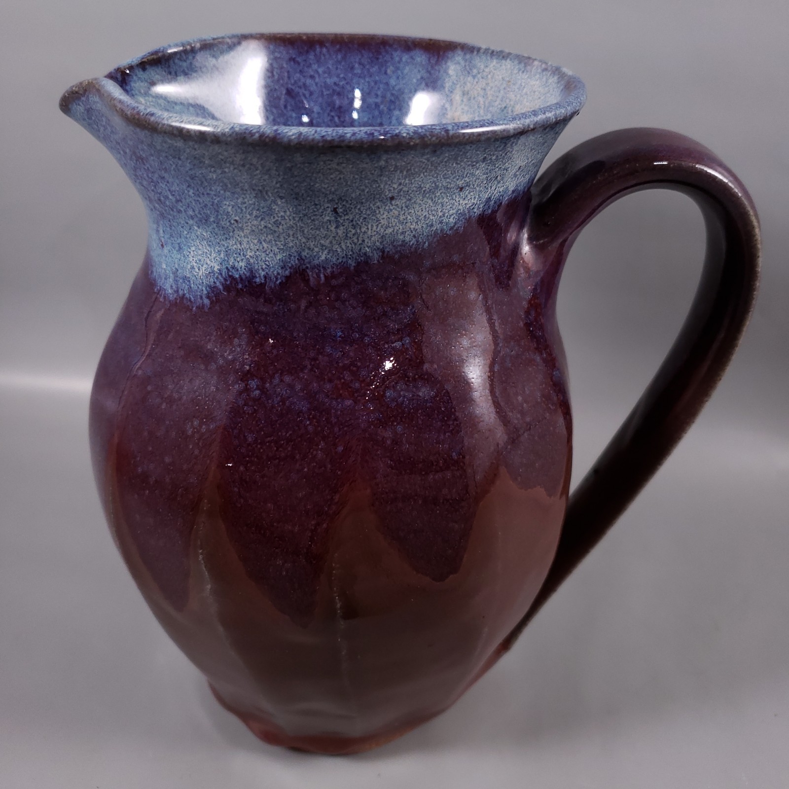 SIGNED Stoneware Purple Blue Drip Glaze Hand Thrown Farmhouse POTTERY PITCHER