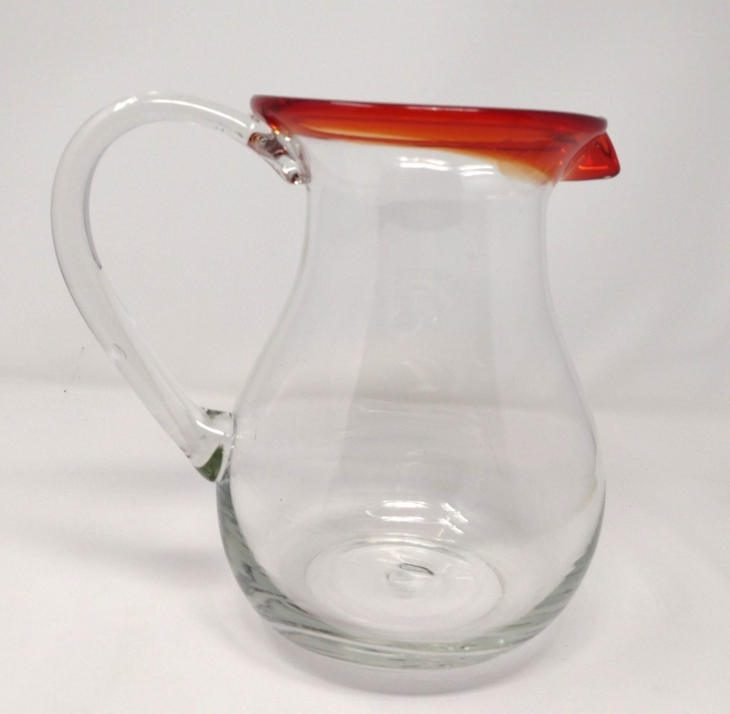 Mexican Handblown Red Rim Glass Pitcher Large 8 3/4″