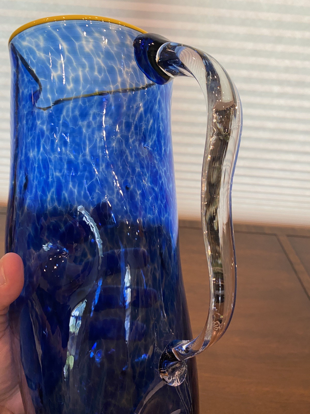 GEORGEOUS LARGE 2019 Cobalt Blue & Yellow Art Glass Pitcher 11.5″H Signed