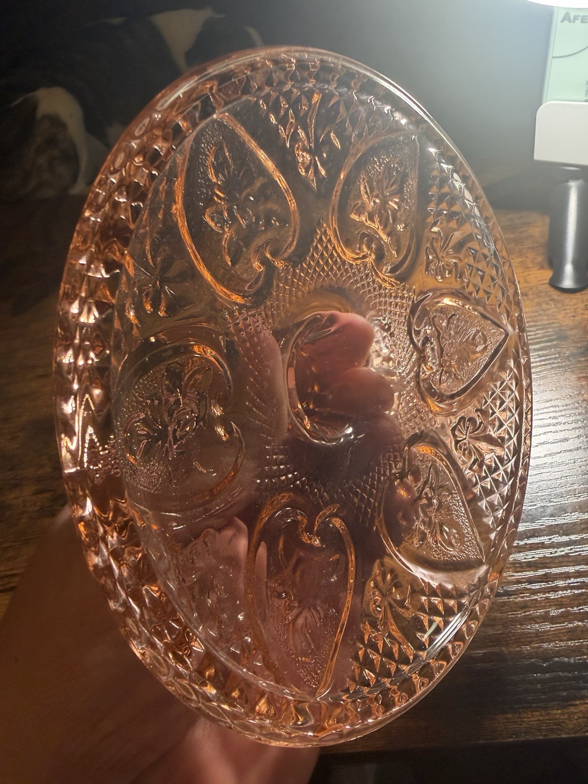 Vintage KIG Hearts & Flowers Pink Glass Candy / Trinket Dish with lid 7 in.