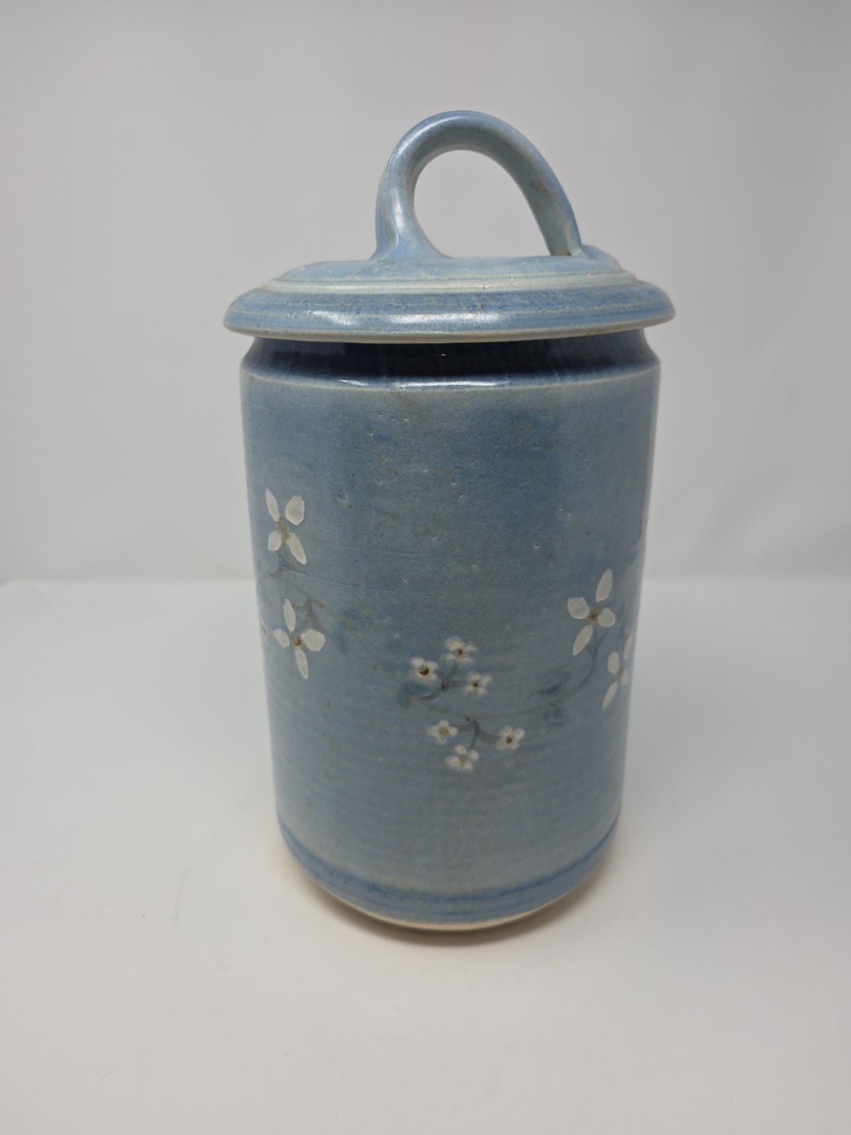 Floral Blue Pottery Jar Stoneware Studio Pottery Crock 12″ Tall 6″ Diameter