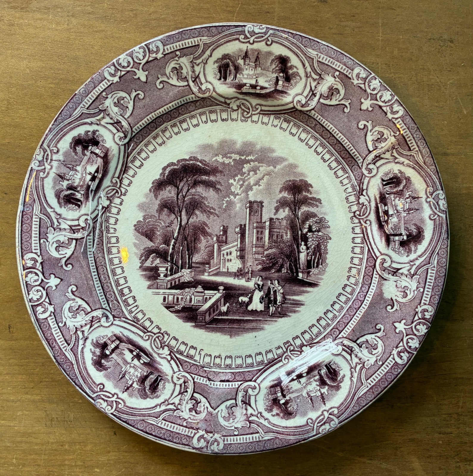 Pr Staffordshire Mulberry Purple Transferware Plates…”Corinthia” Pattern 8.5″