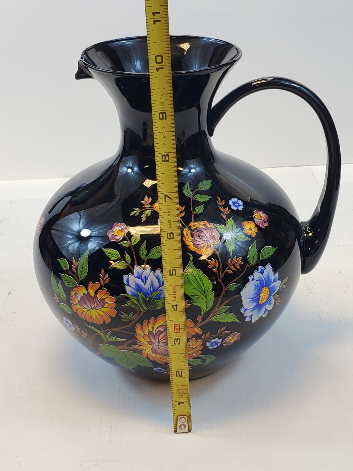 Italian Pitcher Home Decor 9.5” Tall Vintage Black Floral By Ardalt