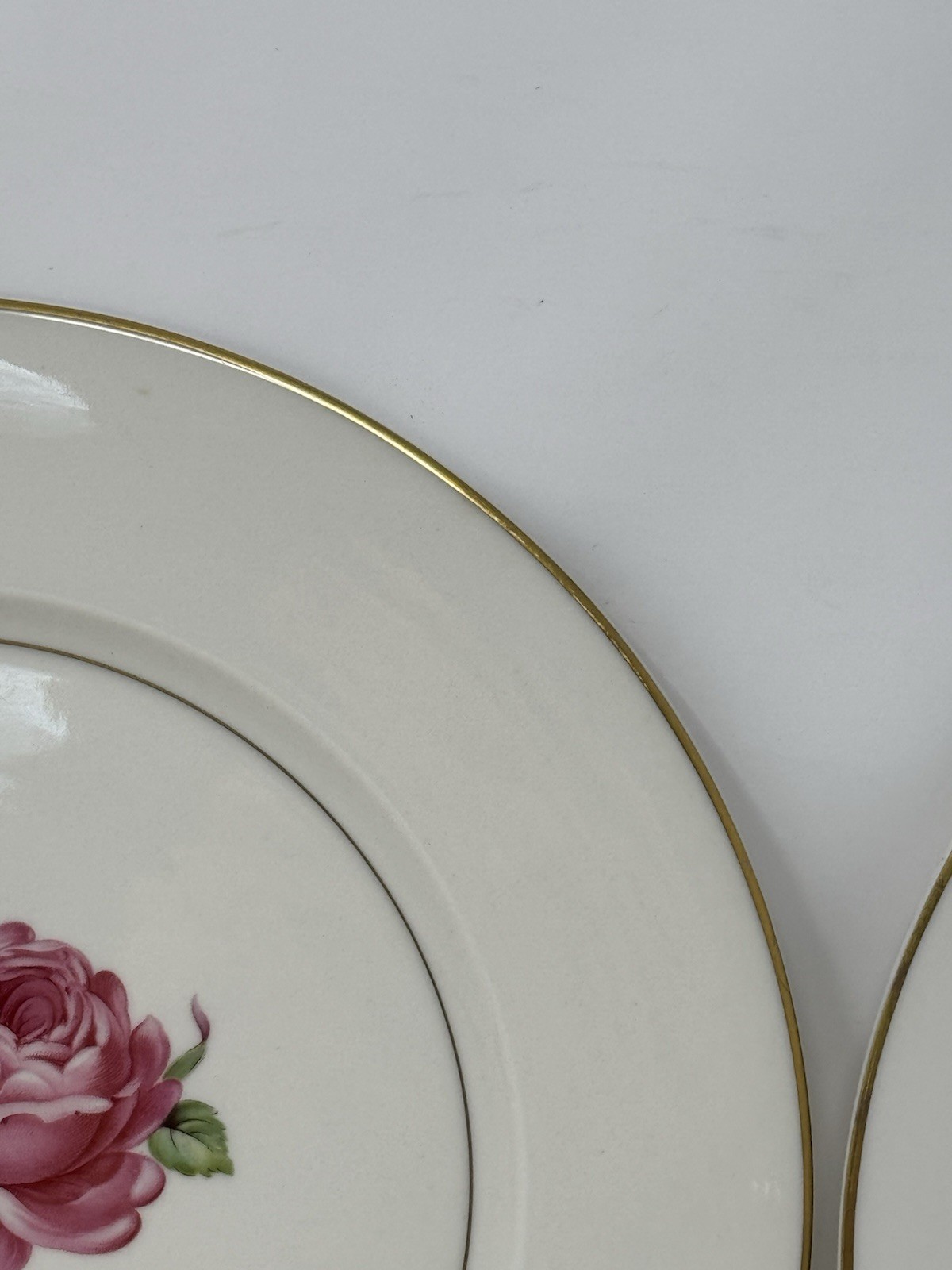 2 Ancestral USA China Manor Rose Dinner Plates rose floral gold trim GUC elegant