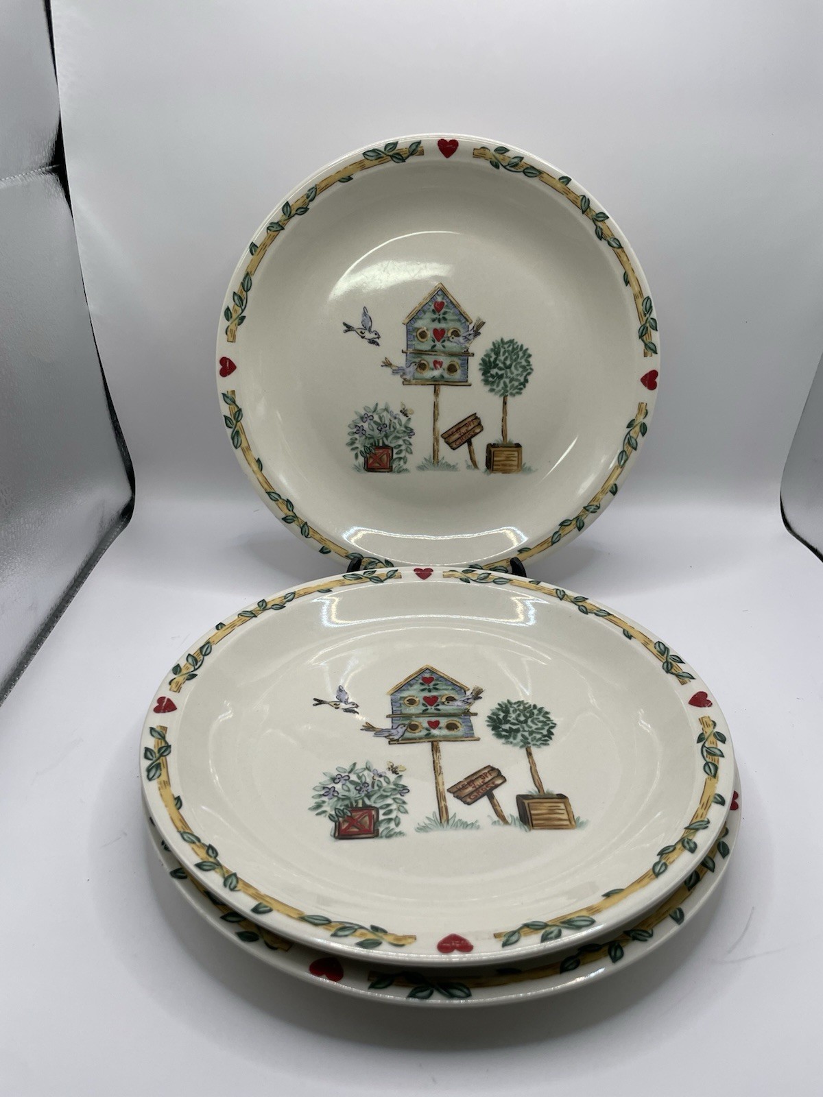 3 Dinner Plates Birdhouse Pattern Thomson Pottery 10 1/4″ Cottage Core Farmhouse