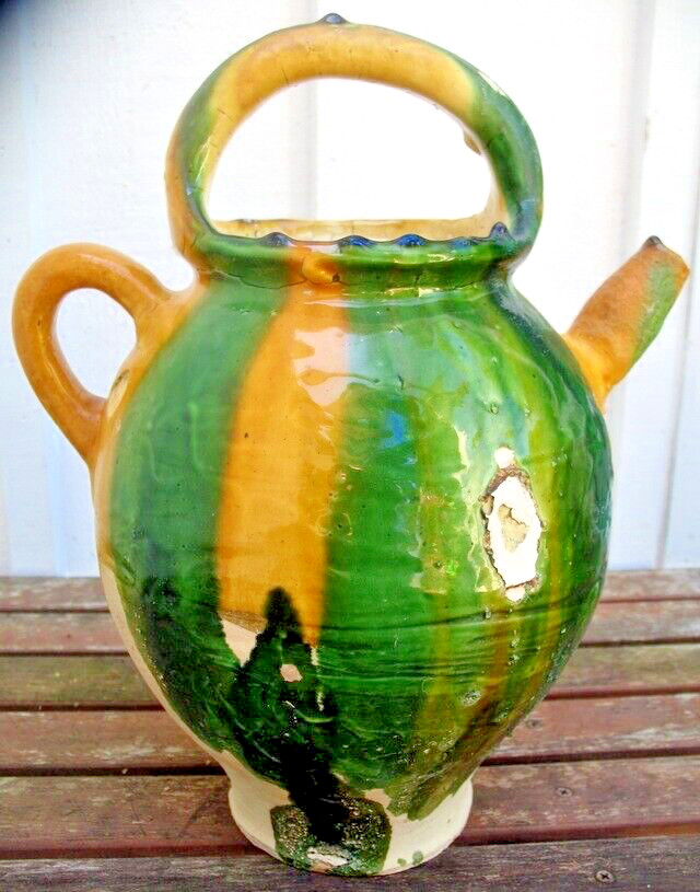 French Antique Confit Pottery Earthenware Green Glazed Pitcher CHRISTMAS SALE