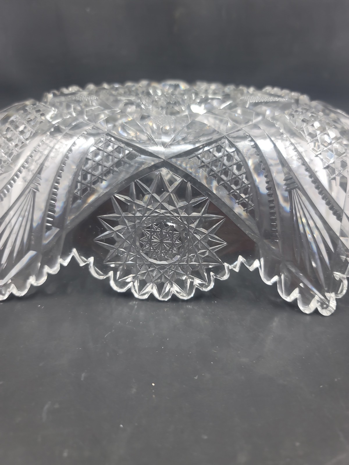 Antique American Brilliant Cut Glass Bowl Hobstar Sawtooth Crystal Centerpiece