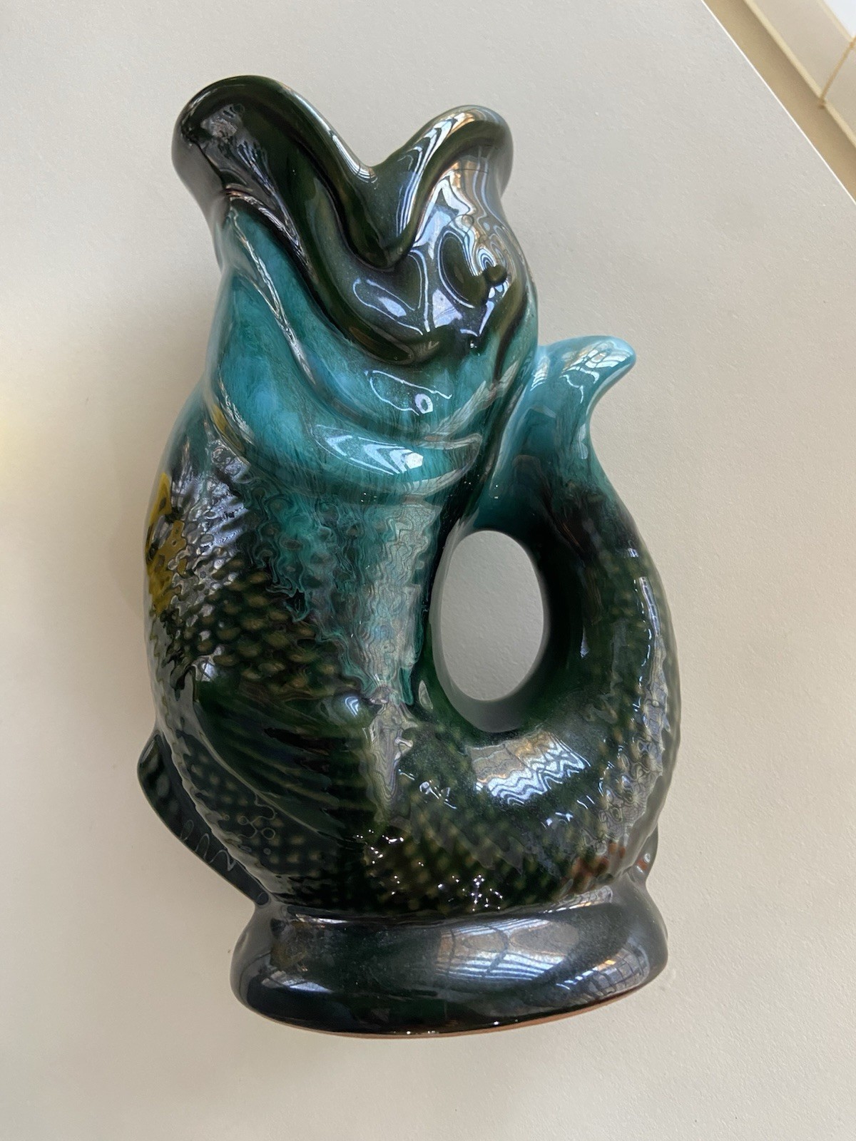 Teal Green Blue Fish Pot Pitcher Gurgle 8in Pottery by Rainbow Ceramics Canada