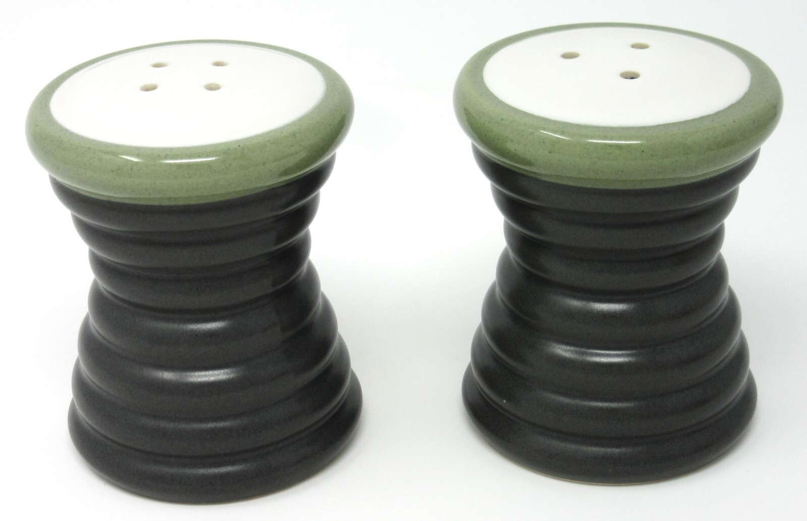 Pfaltzgraff Sphere Salt & Pepper Shaker Set charcoal grey w/ olive green & white