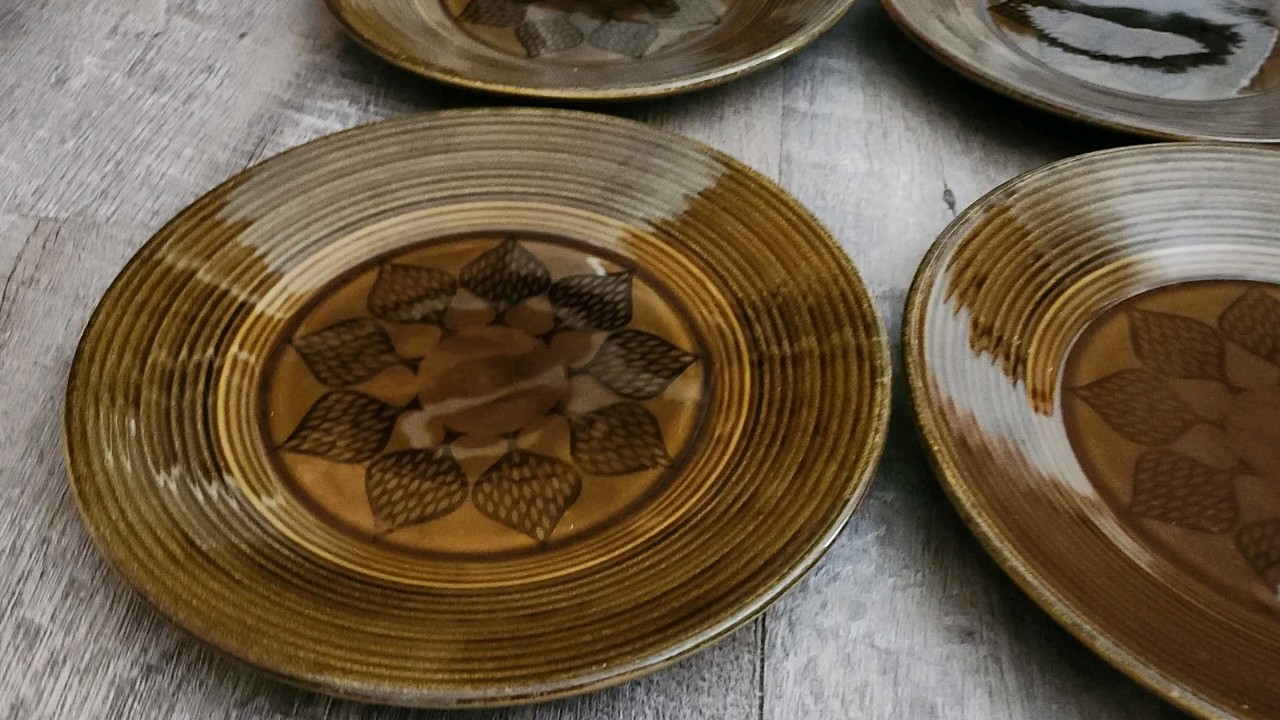 Set Of 6 Old Gold Harmony House 10.25″ Dinner Plates MCM Vintage Glossy