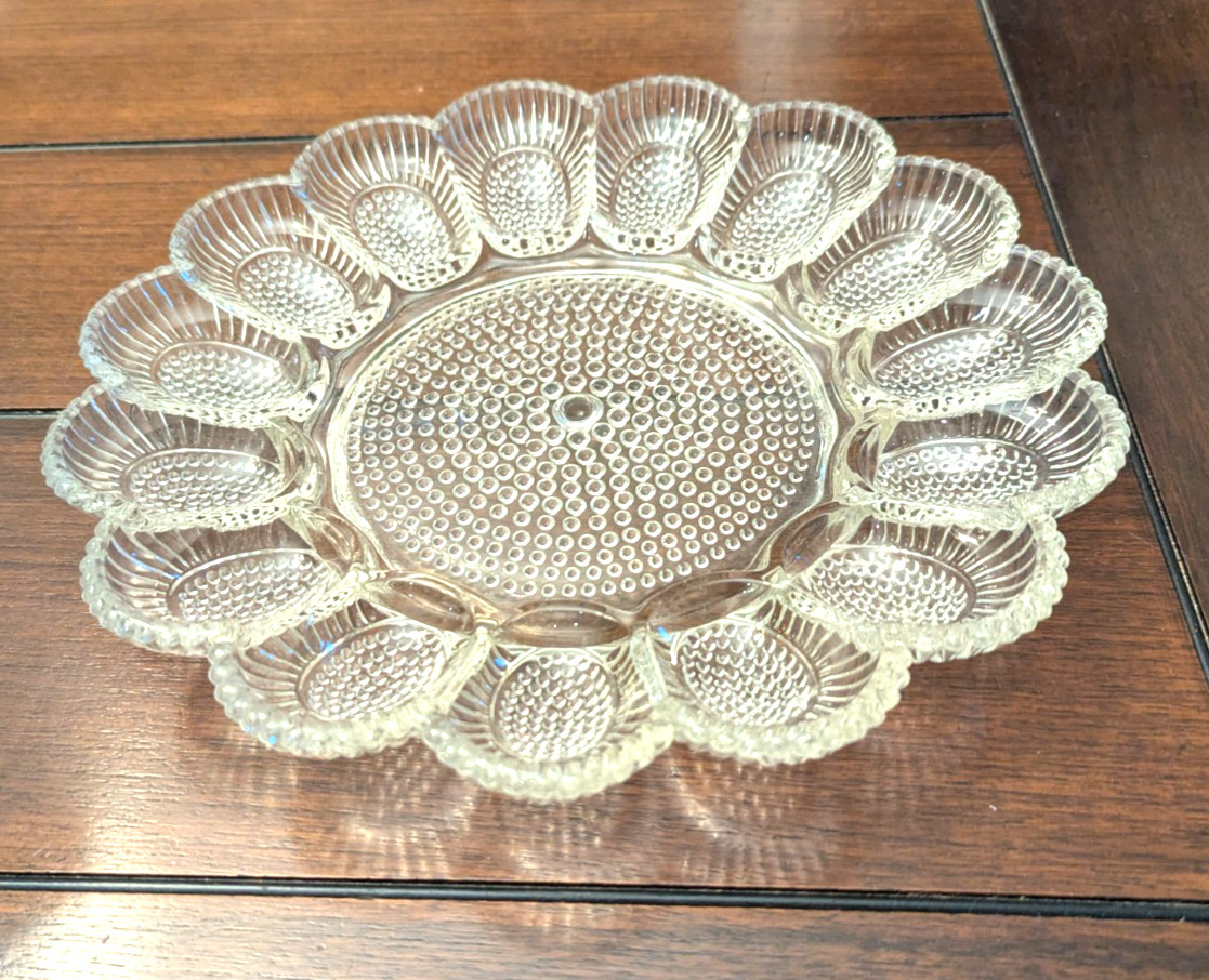 Vintage Indiana Glass Crystal Hobnail Deviled Egg Tray 11″ Plate Excellent