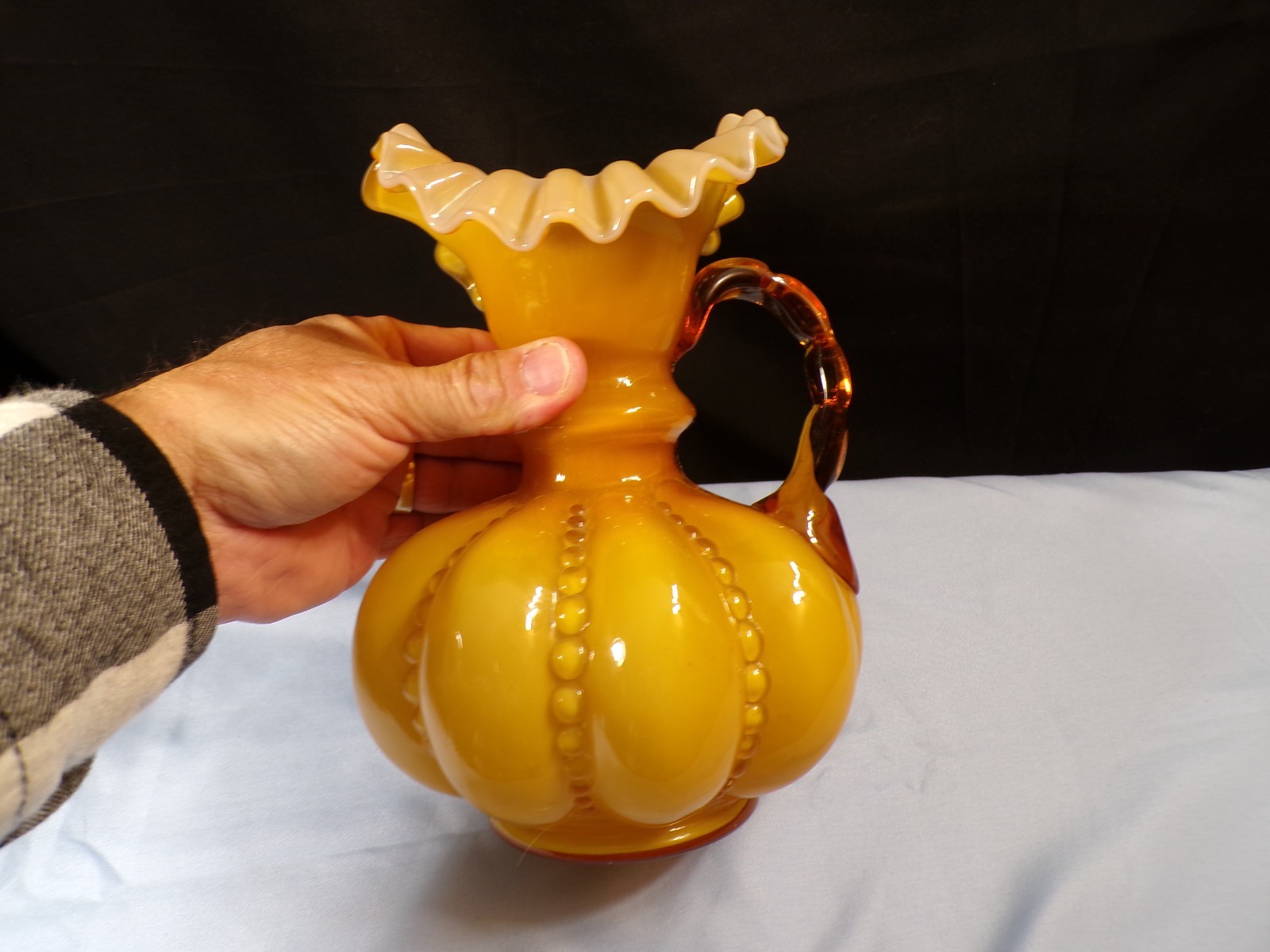 HTF Fenton Gold Overlay Cased Glass Large Beaded Melon Pitcher 7 7/8″ Tall