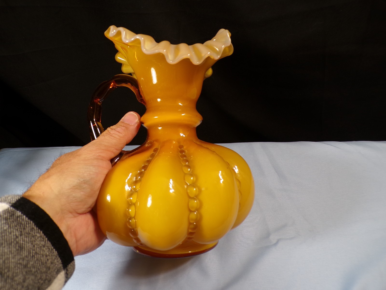 HTF Fenton Gold Overlay Cased Glass Large Beaded Melon Pitcher 7 7/8″ Tall