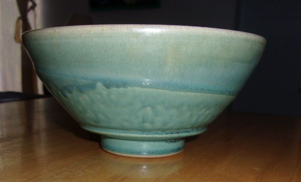 Signed Art Pottery Bowl Blue Gray Drip Glaze Tan Swirl & Leaf Inside