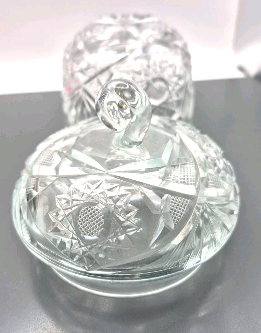 Vintage Clear Cut Lidded Candy Dish Starburst Pattern 6″ Tall EUC