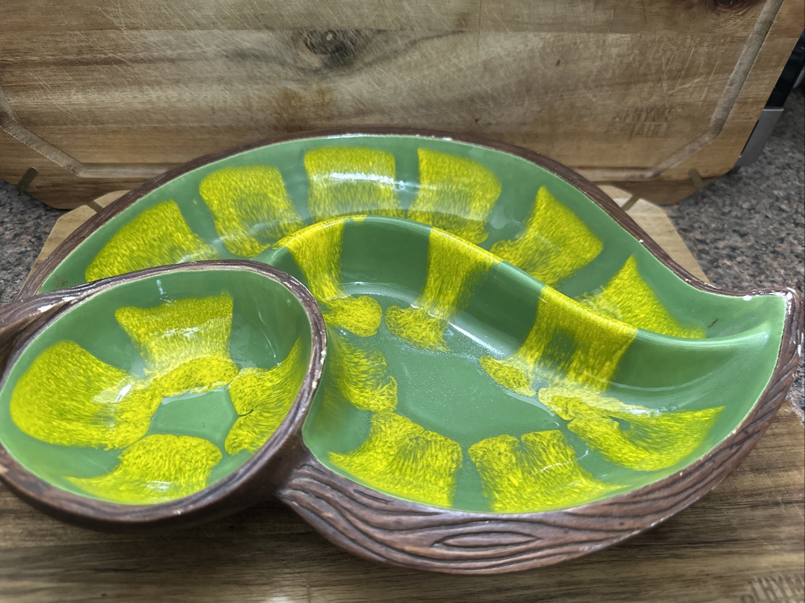 Vintage California Pottery #602 Sequoia Ware Yellow Green Drip Glaze Leaf Dish