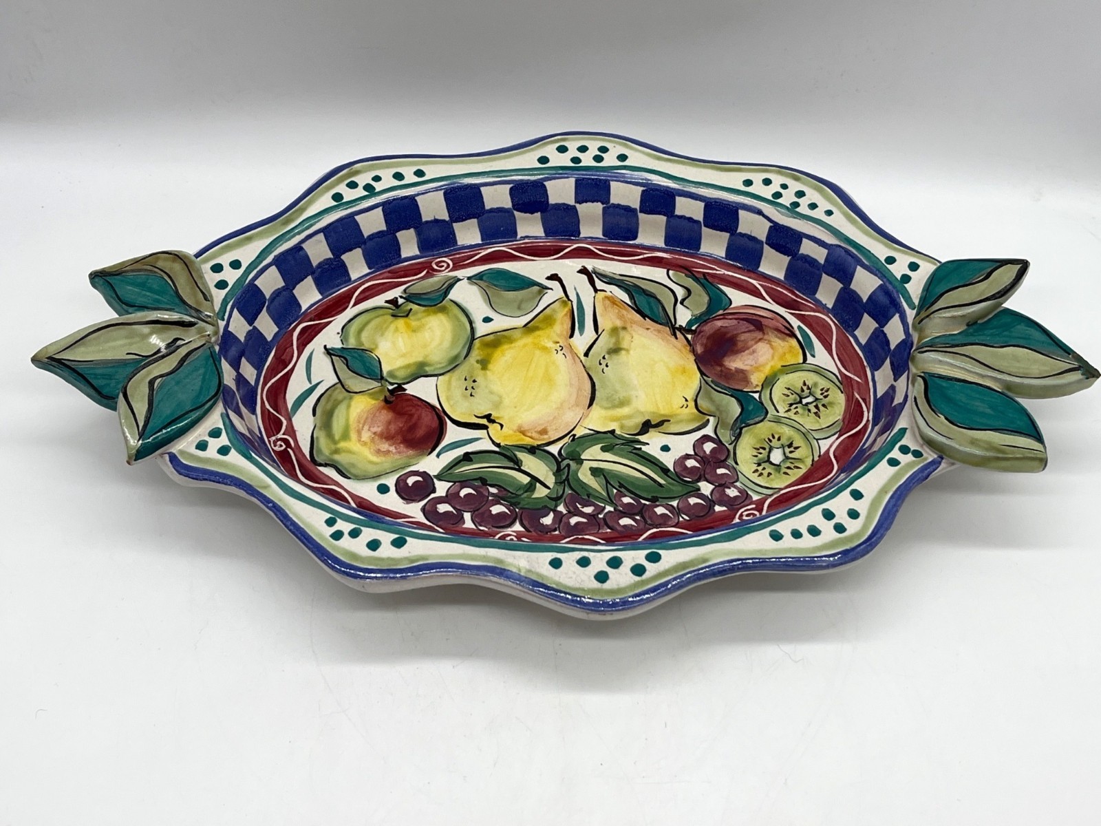 Hand Painted Italian Ceramic Oval Fruit Platter With Leaf Handles And Vibrant Co
