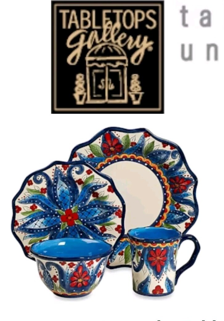 Tabletops Gallery Lucca Handcrafted Blue Floral Four Piece Place Setting NIB