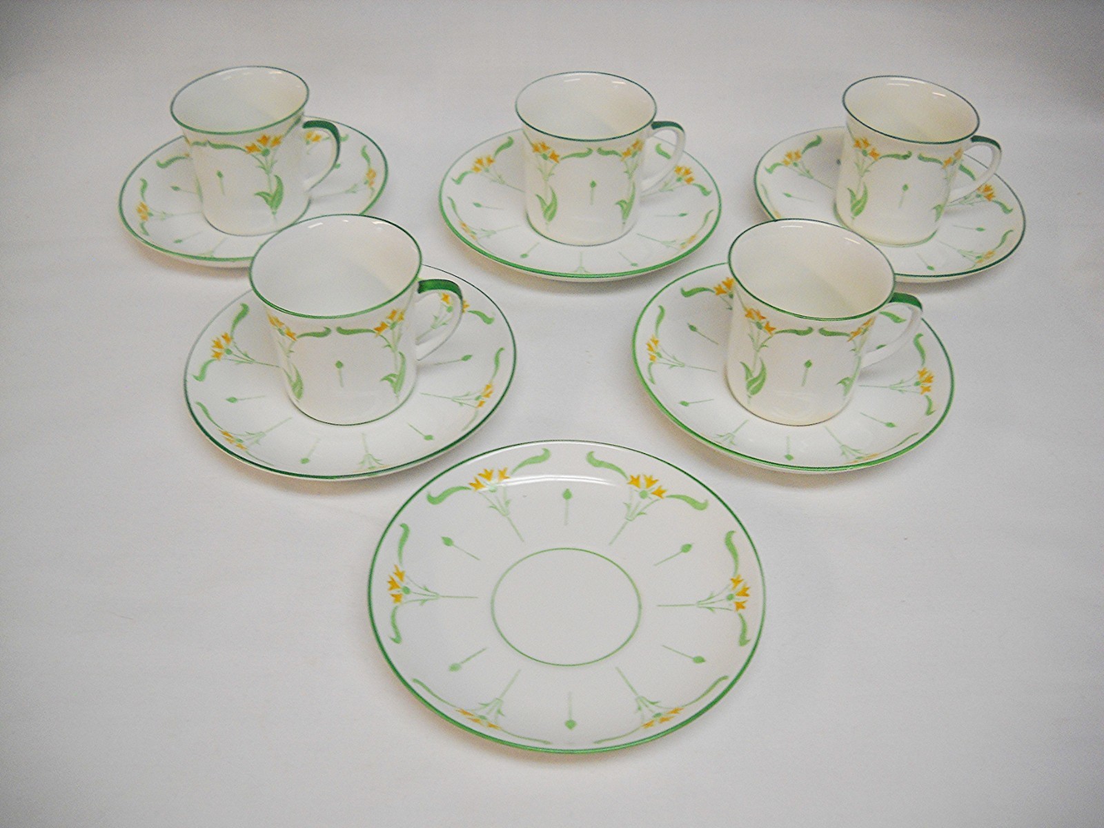 5 FOLEY PEACOCK POTTERY DEMITASSE CUPS/SAUCERS-1905-1913-GLASGOW SCHOOL-VG