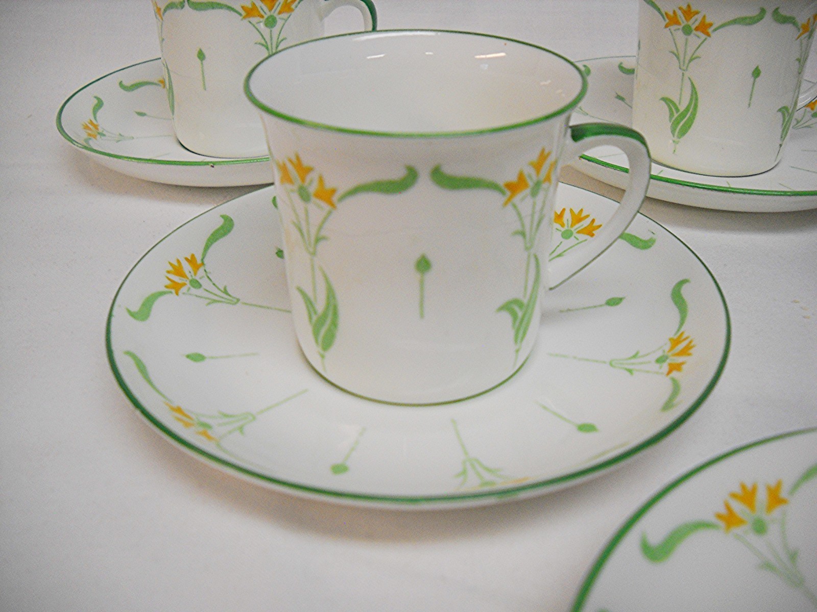 5 FOLEY PEACOCK POTTERY DEMITASSE CUPS/SAUCERS-1905-1913-GLASGOW SCHOOL-VG