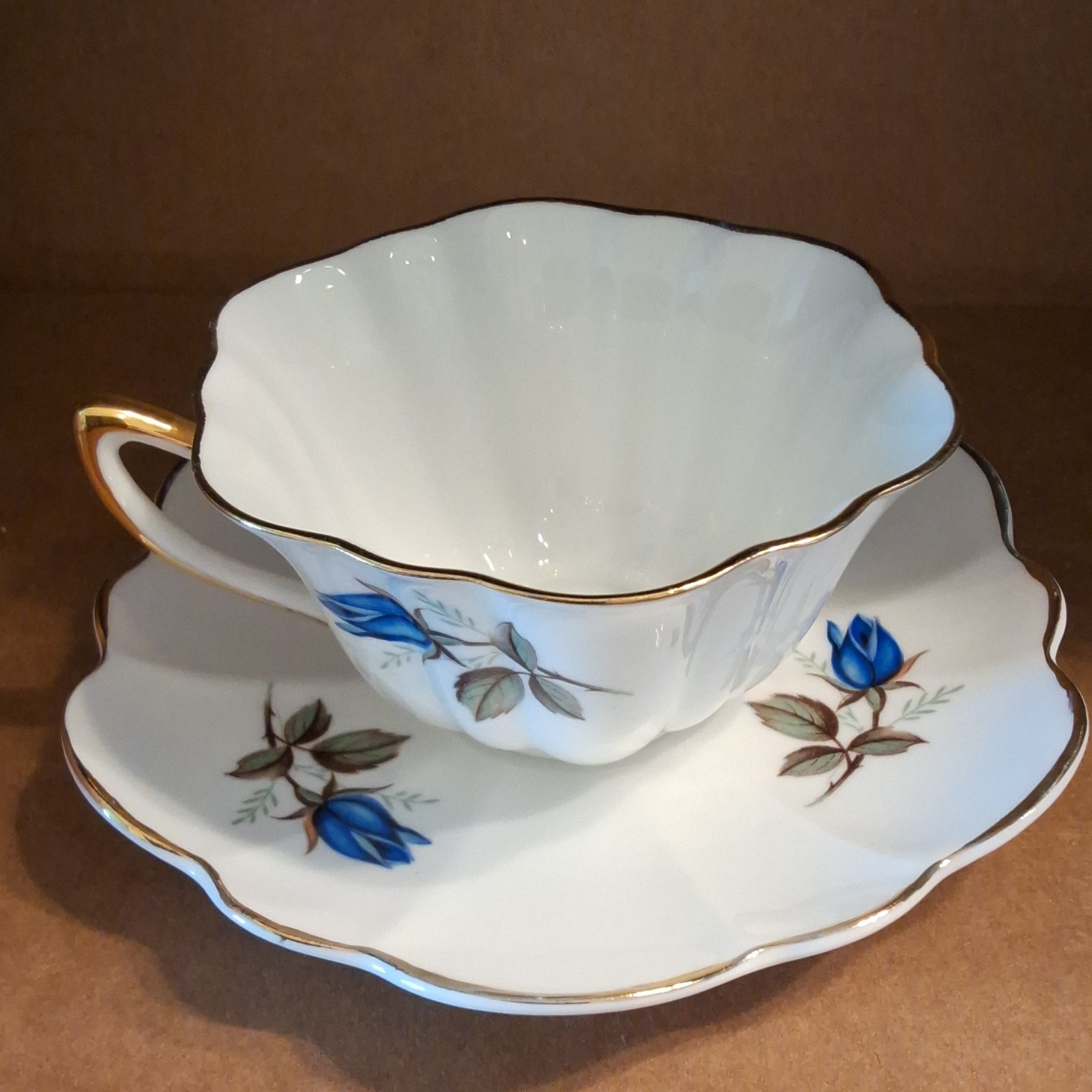 Shelley Blue Rose Stratford Tea Cup & Saucer Set 2pc Gold Trim