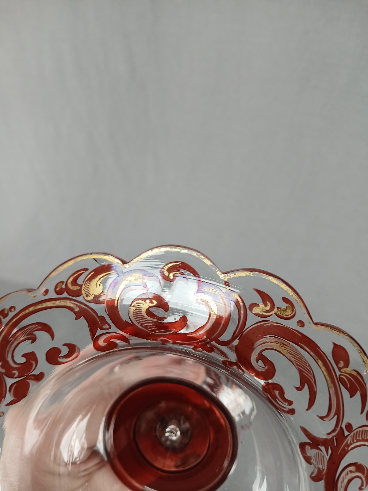 Mid 19th Century Bohemian Ruby Stained & Gold Scrollwork 5 1/8 Inch Compote