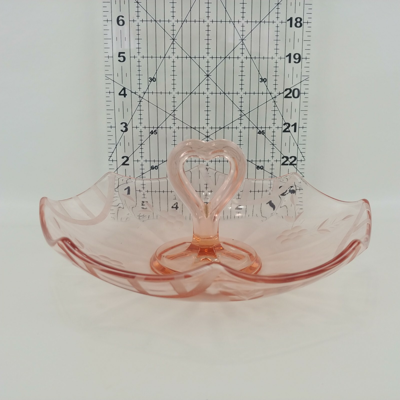 Pink Depression Etched Heart Shaped Handle Candy Dish Compote